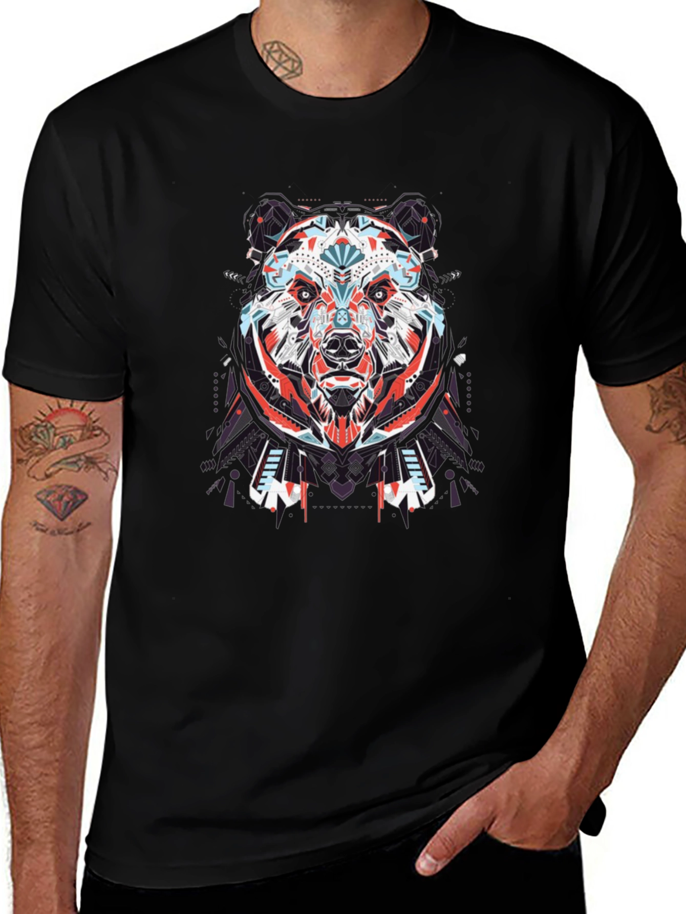 Geometric Bear Graphic Tee - Black Cotton T-Shirt
