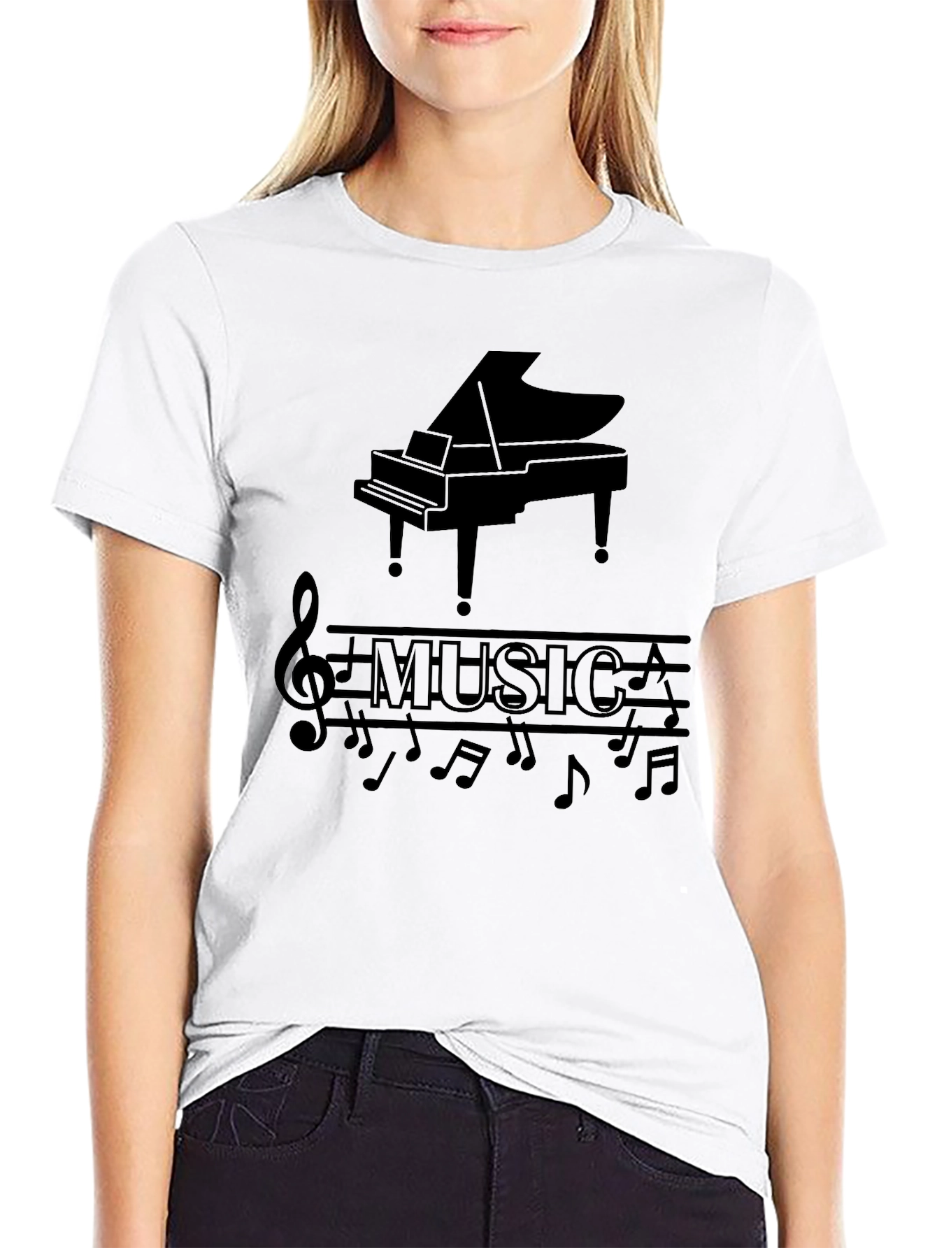 Musical Piano Graphic Print Black T-Shirt