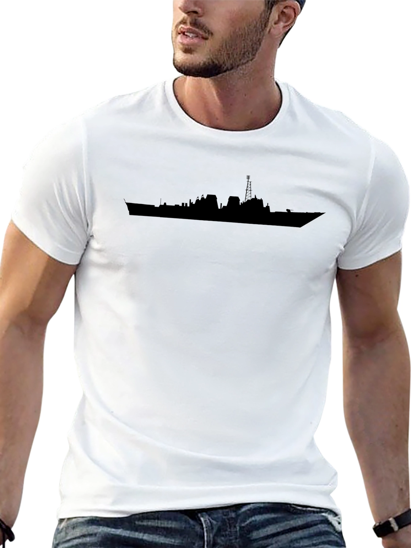Black T-Shirt with Naval Ship Silhouette Graphic