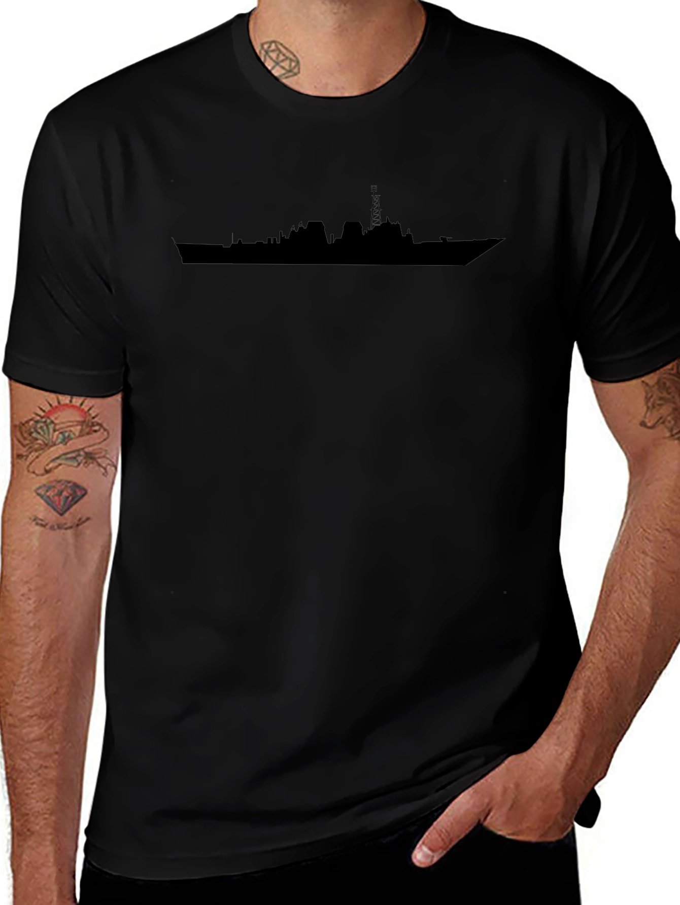 Black T-Shirt with Naval Ship Silhouette Graphic