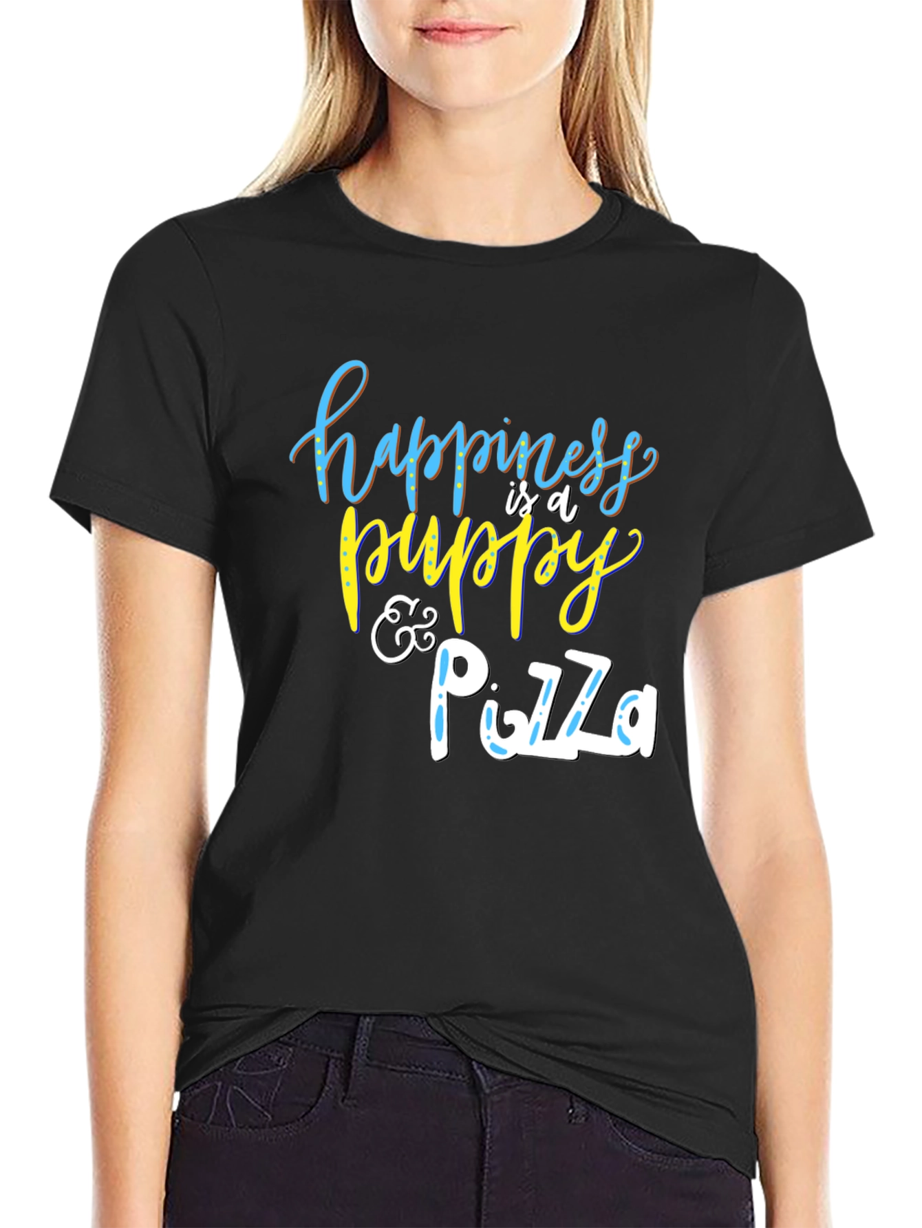 Happiness Puppy and Pizza Graphic T-Shirt