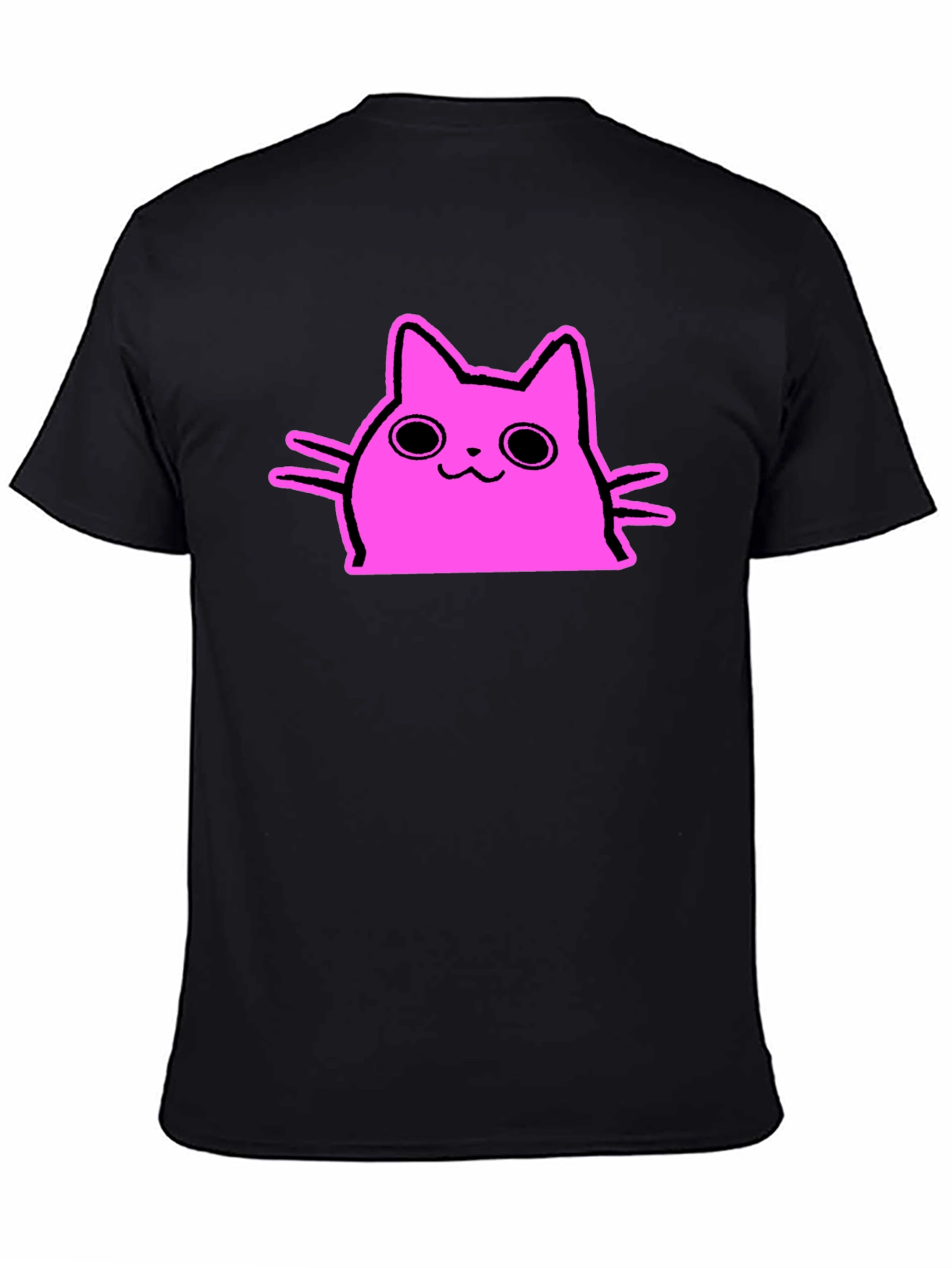 Cute Pink Cat Graphic Tee - Black Cotton T-Shirt