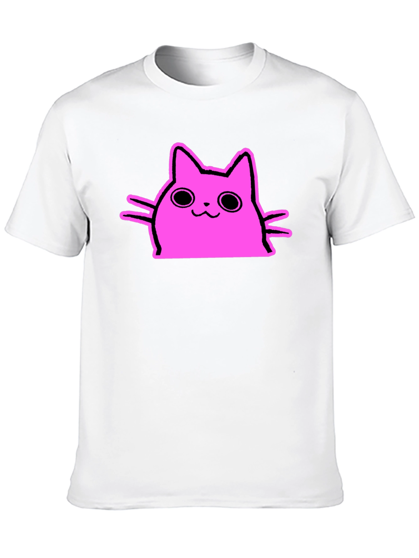 Cute Pink Cat Graphic Tee - Black Cotton T-Shirt