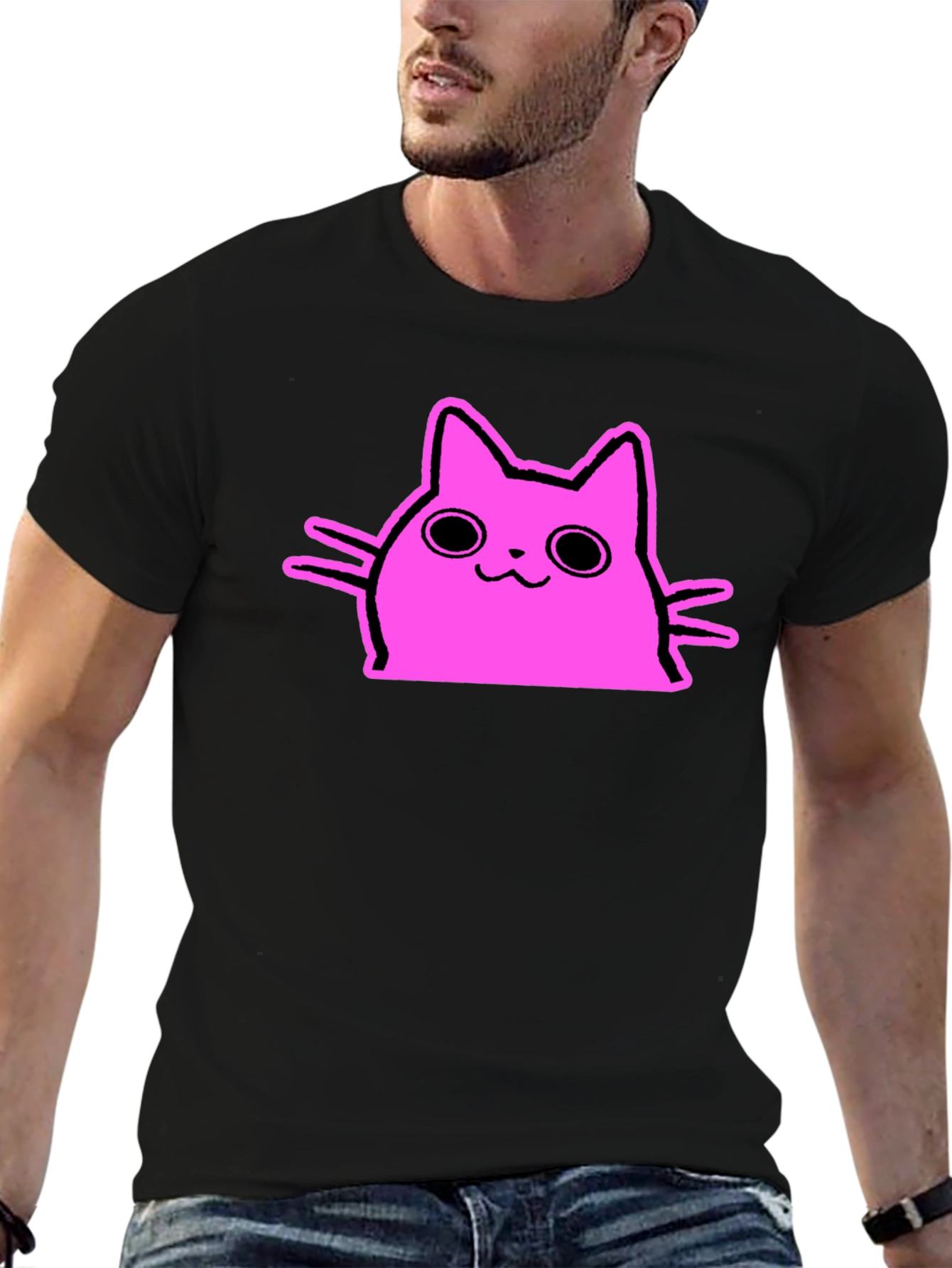 Cute Pink Cat Graphic Tee - Black Cotton T-Shirt