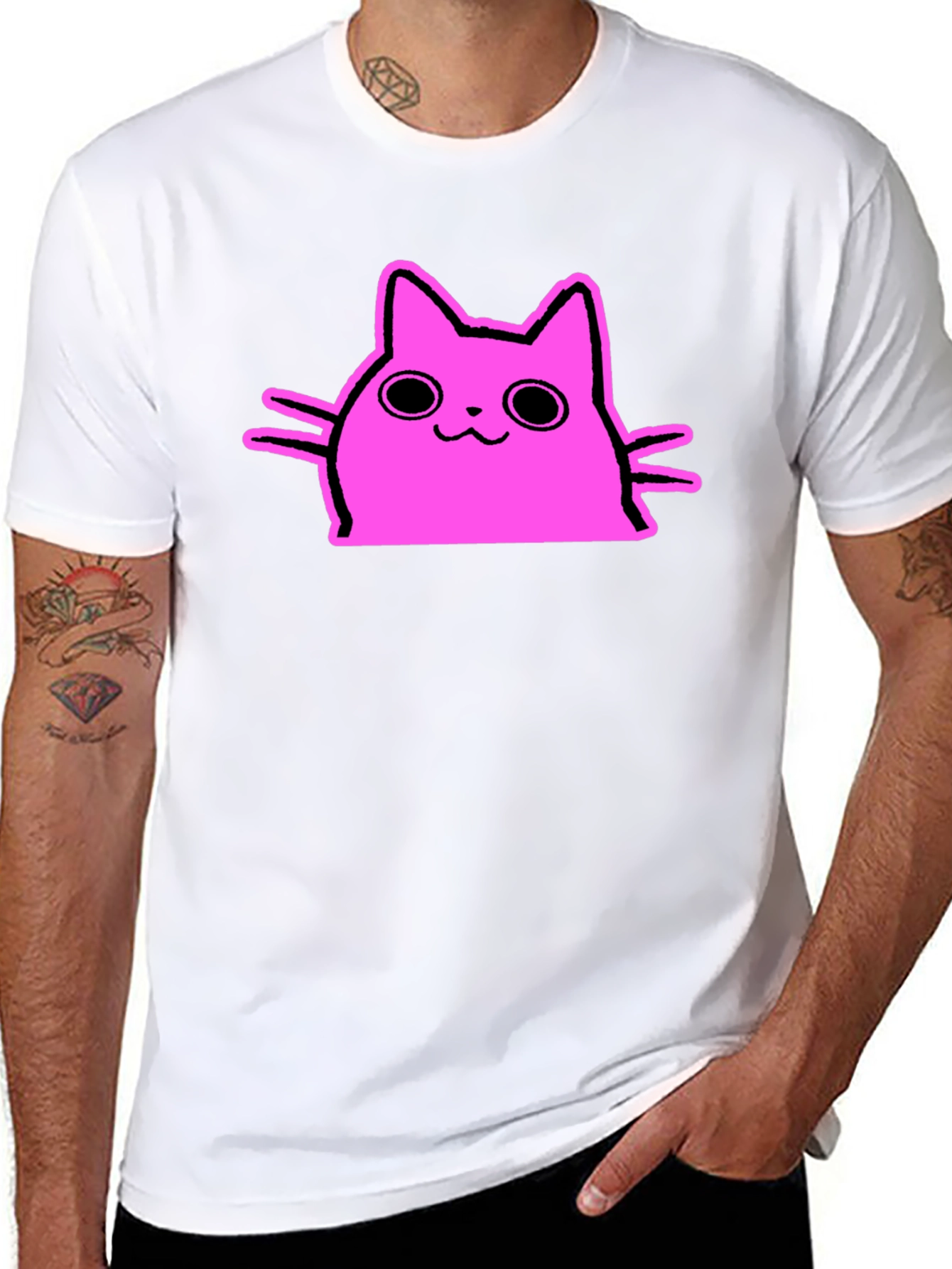 Cute Pink Cat Graphic Tee - Black Cotton T-Shirt