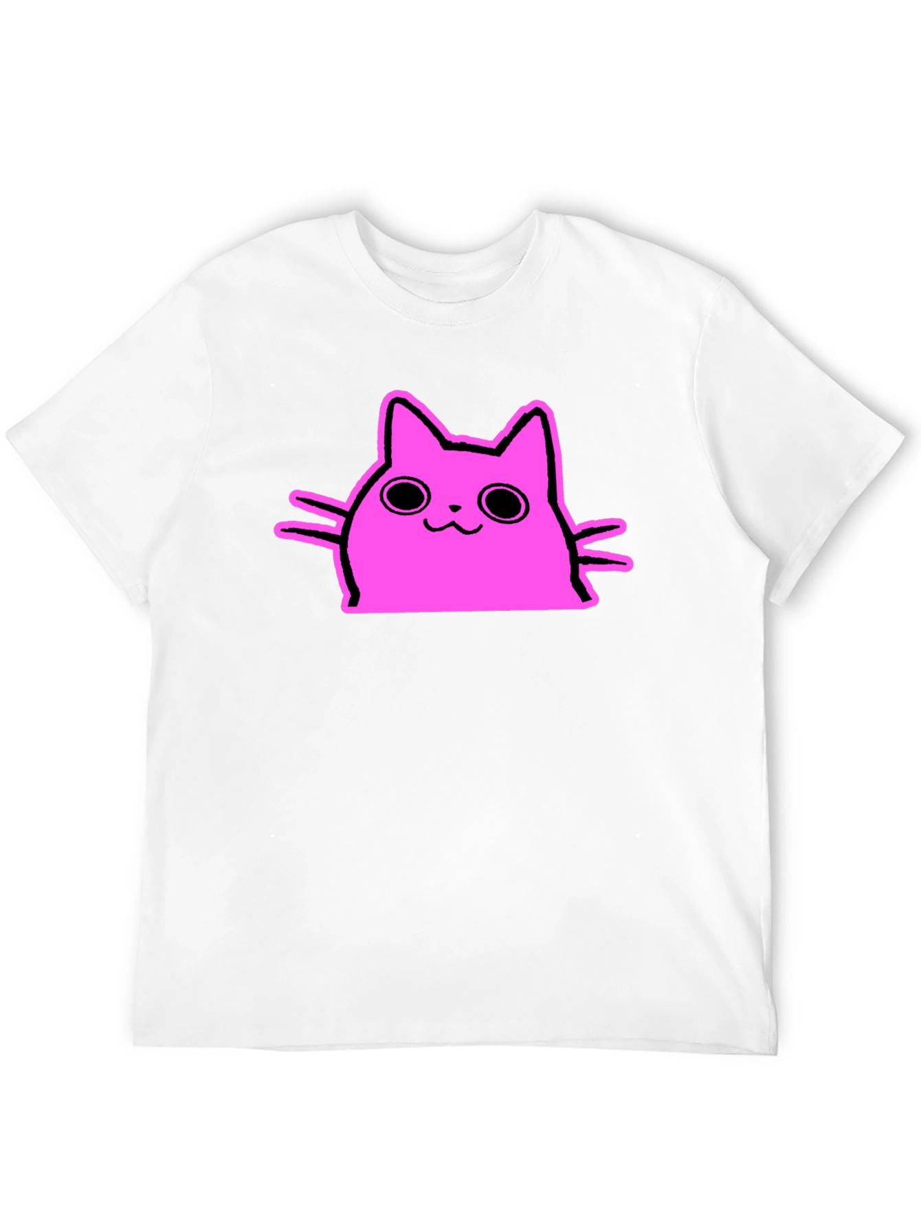 Cute Pink Cat Graphic Tee - Black Cotton T-Shirt