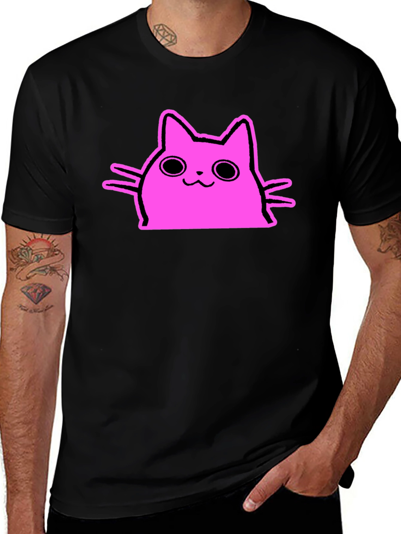 Cute Pink Cat Graphic Tee - Black Cotton T-Shirt