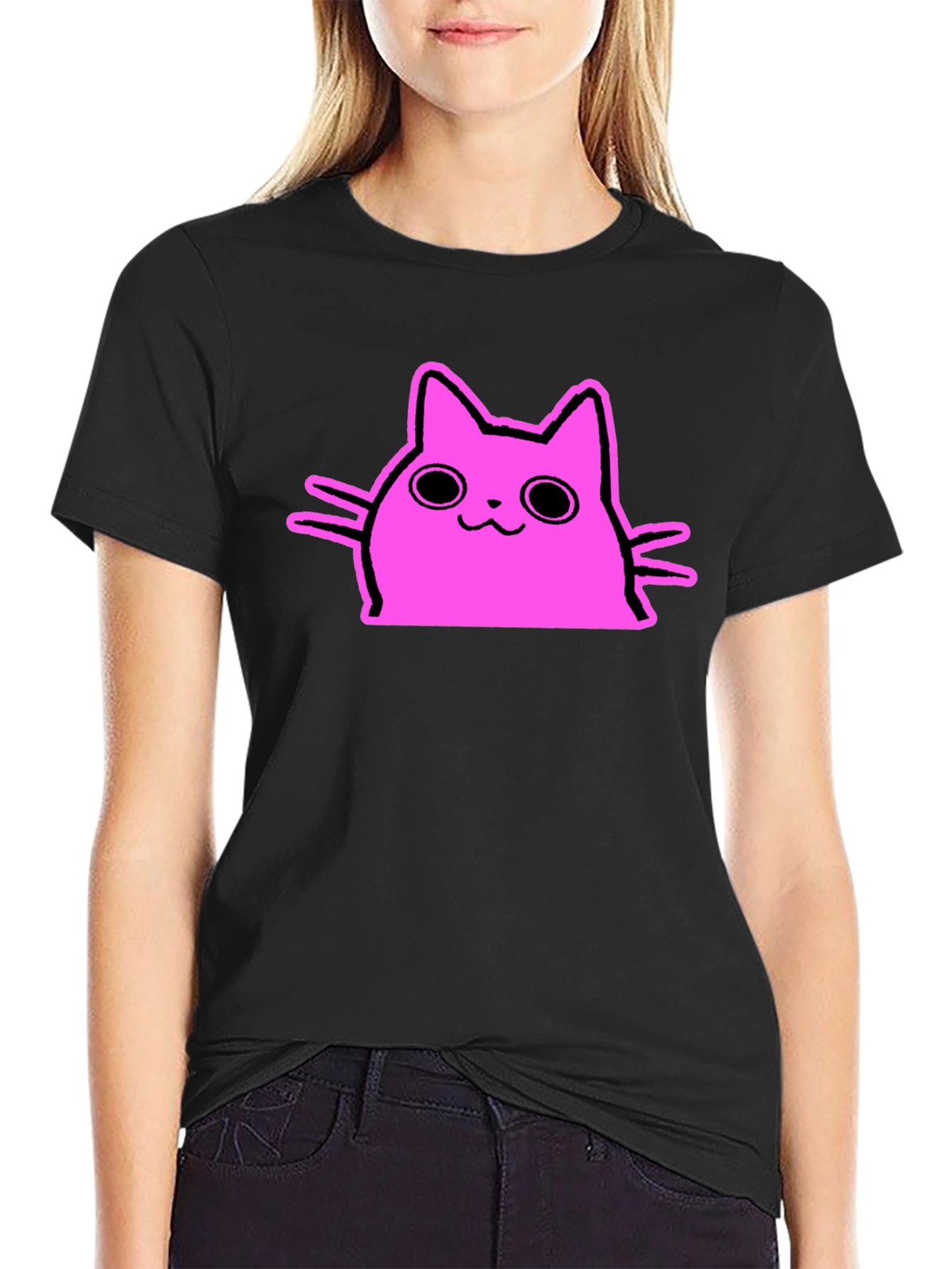 Cute Pink Cat Graphic Tee - Black Cotton T-Shirt