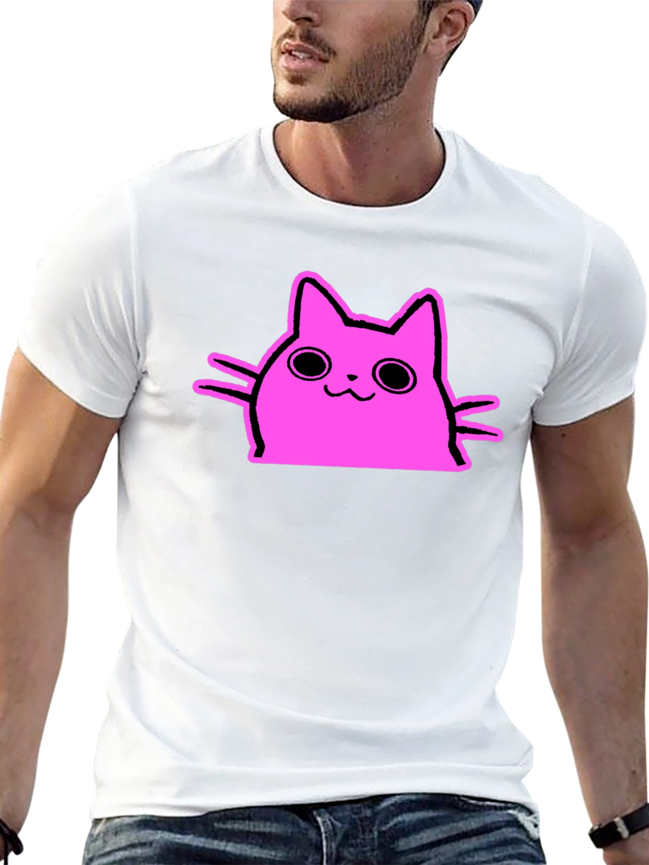 Cute Pink Cat Graphic Tee - Black Cotton T-Shirt