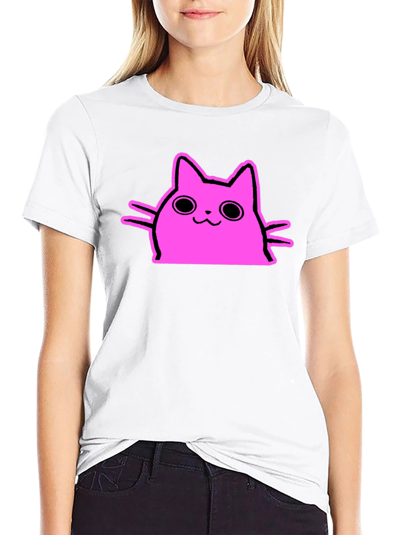 Cute Pink Cat Graphic Tee - Black Cotton T-Shirt