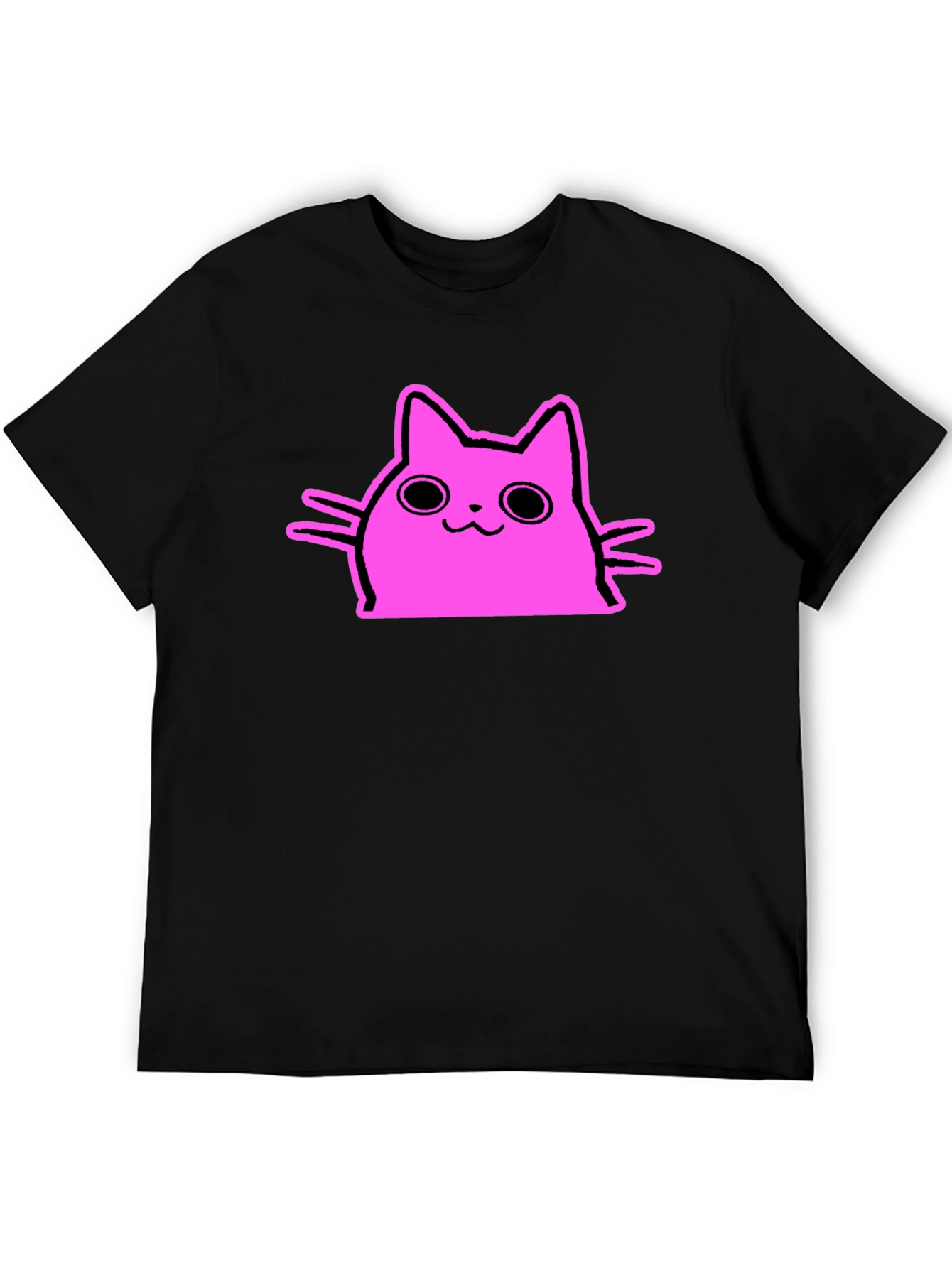 Cute Pink Cat Graphic Tee - Black Cotton T-Shirt