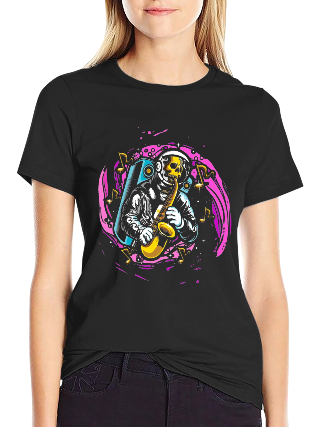 Skull Astronaut Sax Player Graphic T-Shirt