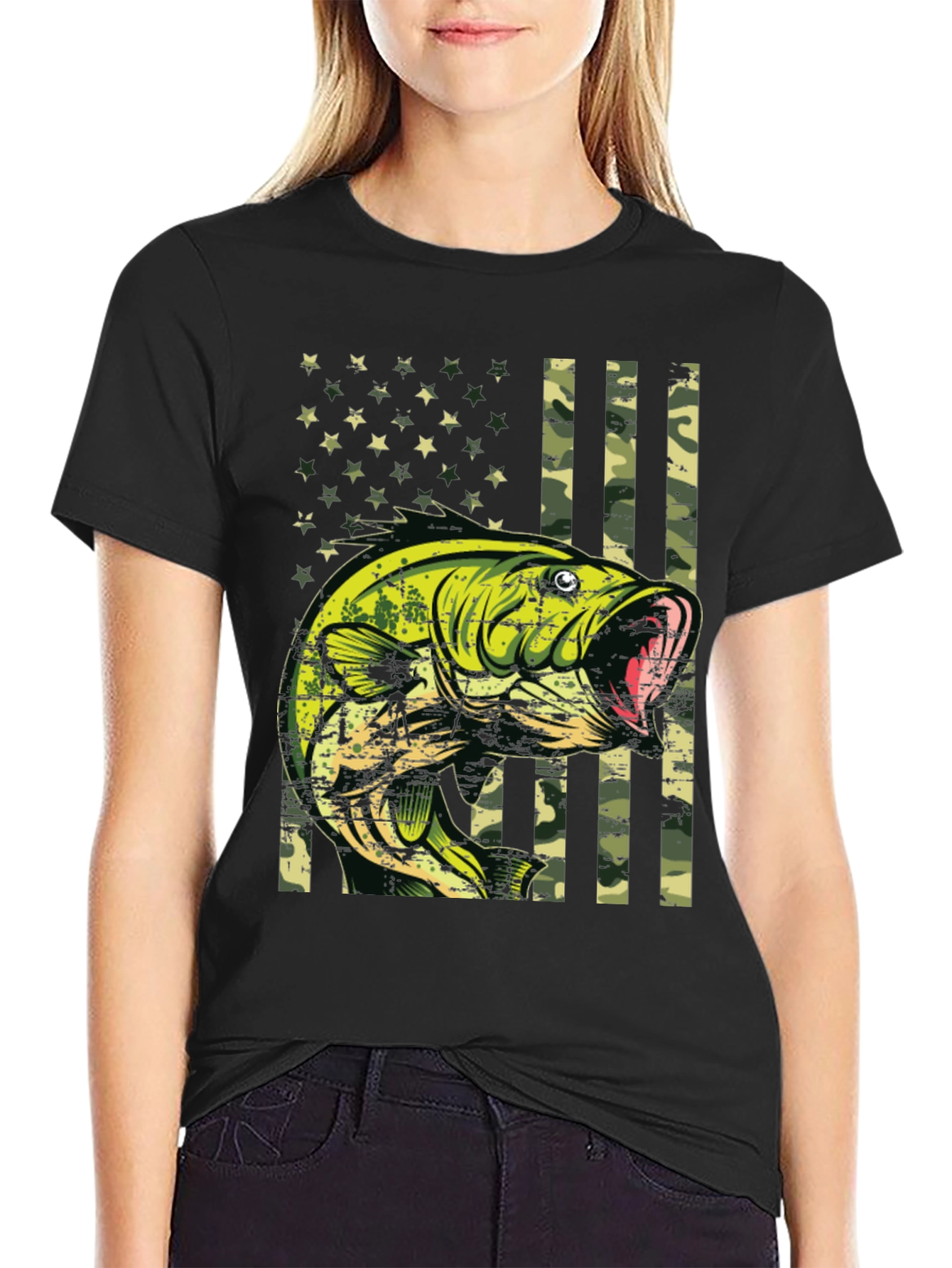 Bass Fish Camo American Flag Graphic T-Shirt