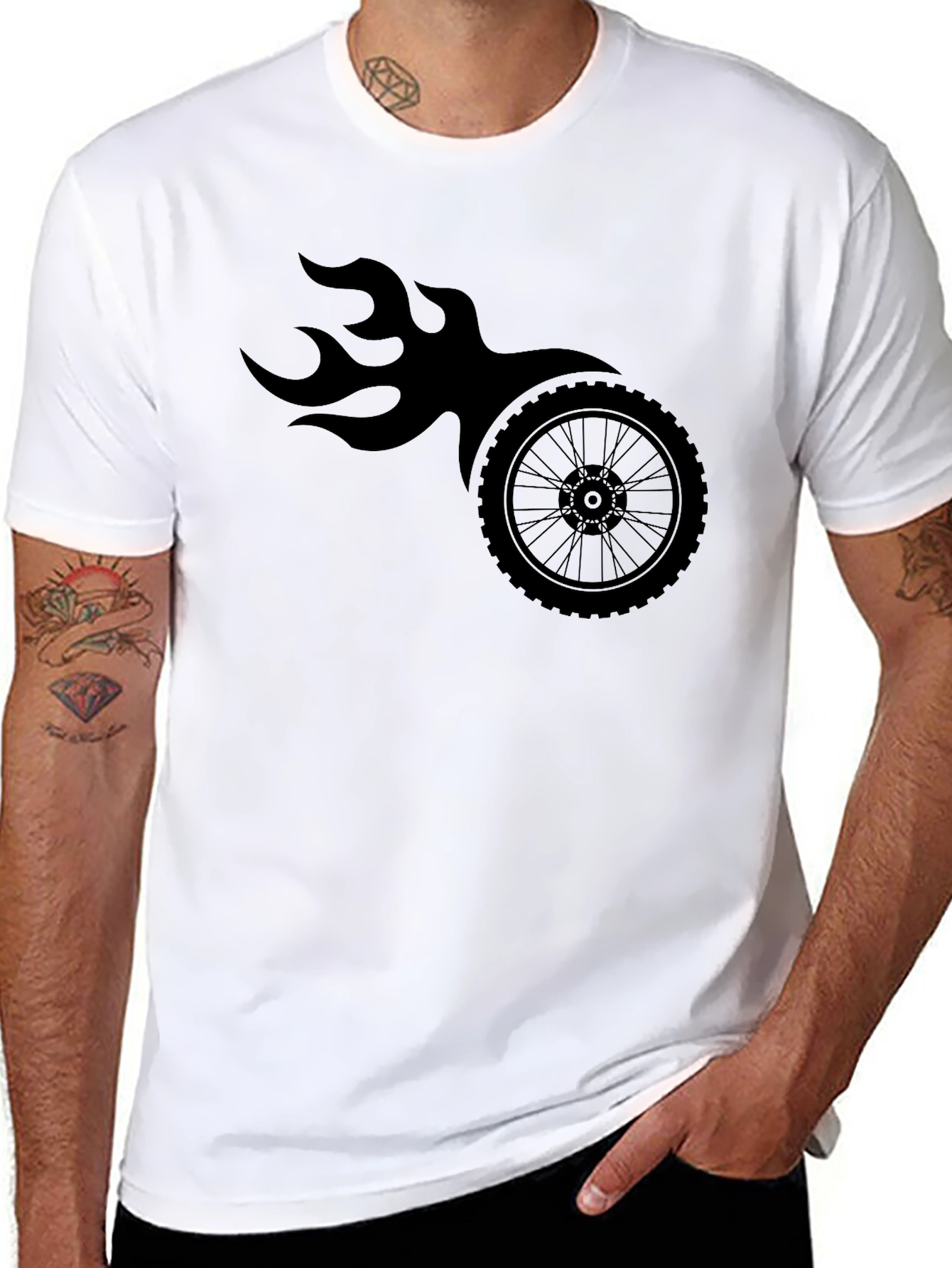 Mens Black Flaming Wheel Graphic T-Shirt