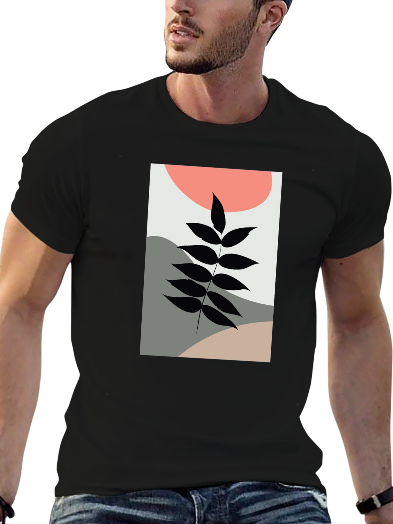 Abstract Leaf Print Black T-Shirt