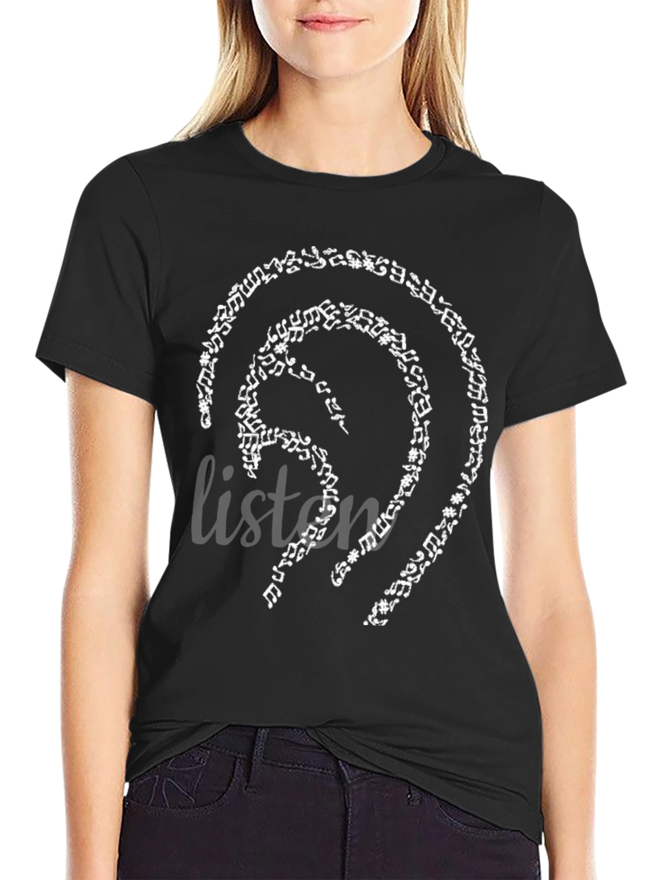 Music Notes Ear Design Black T-Shirt