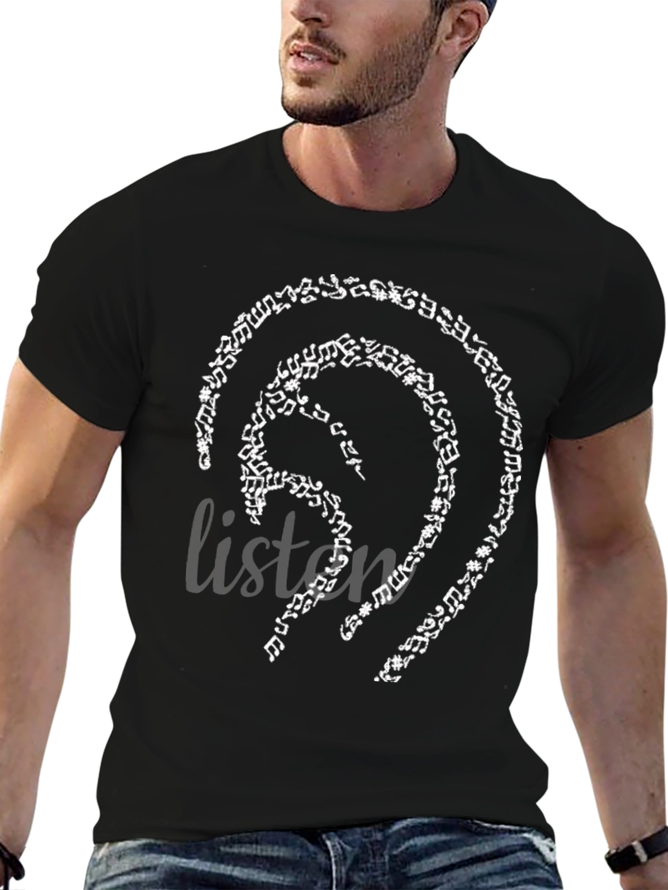 Music Notes Ear Design Black T-Shirt