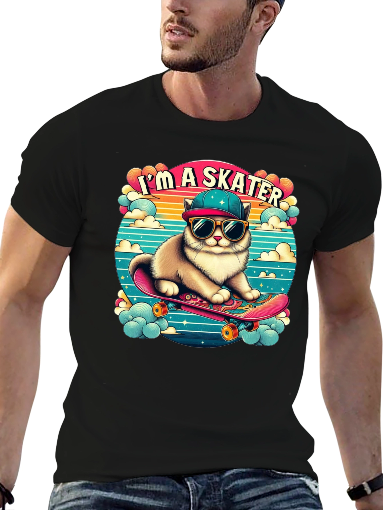 Skater Cat Graphic Tee - Cool Kitten on Skateboard!