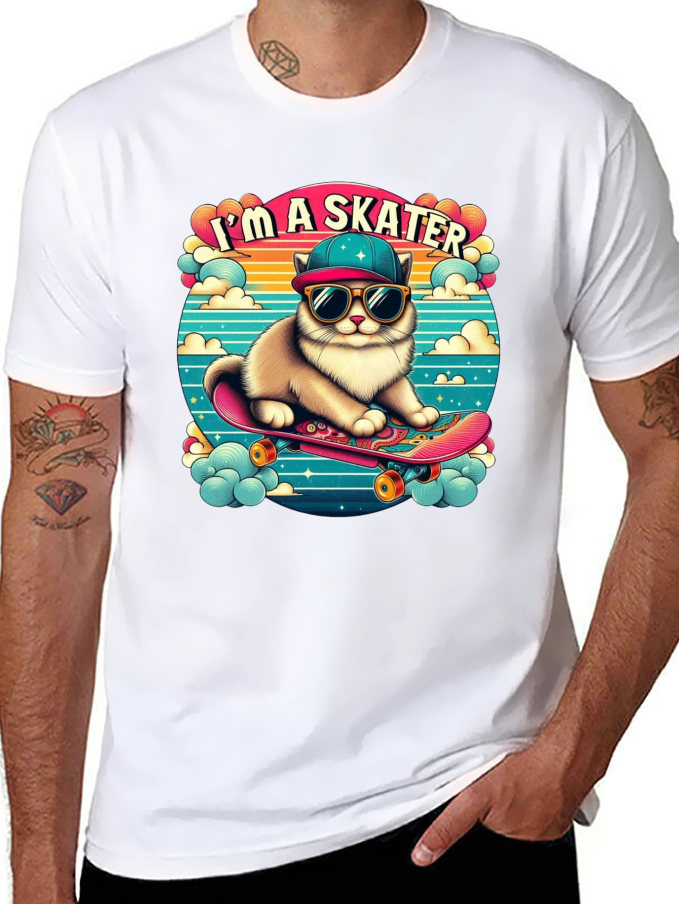 Skater Cat Graphic Tee - Cool Kitten on Skateboard!