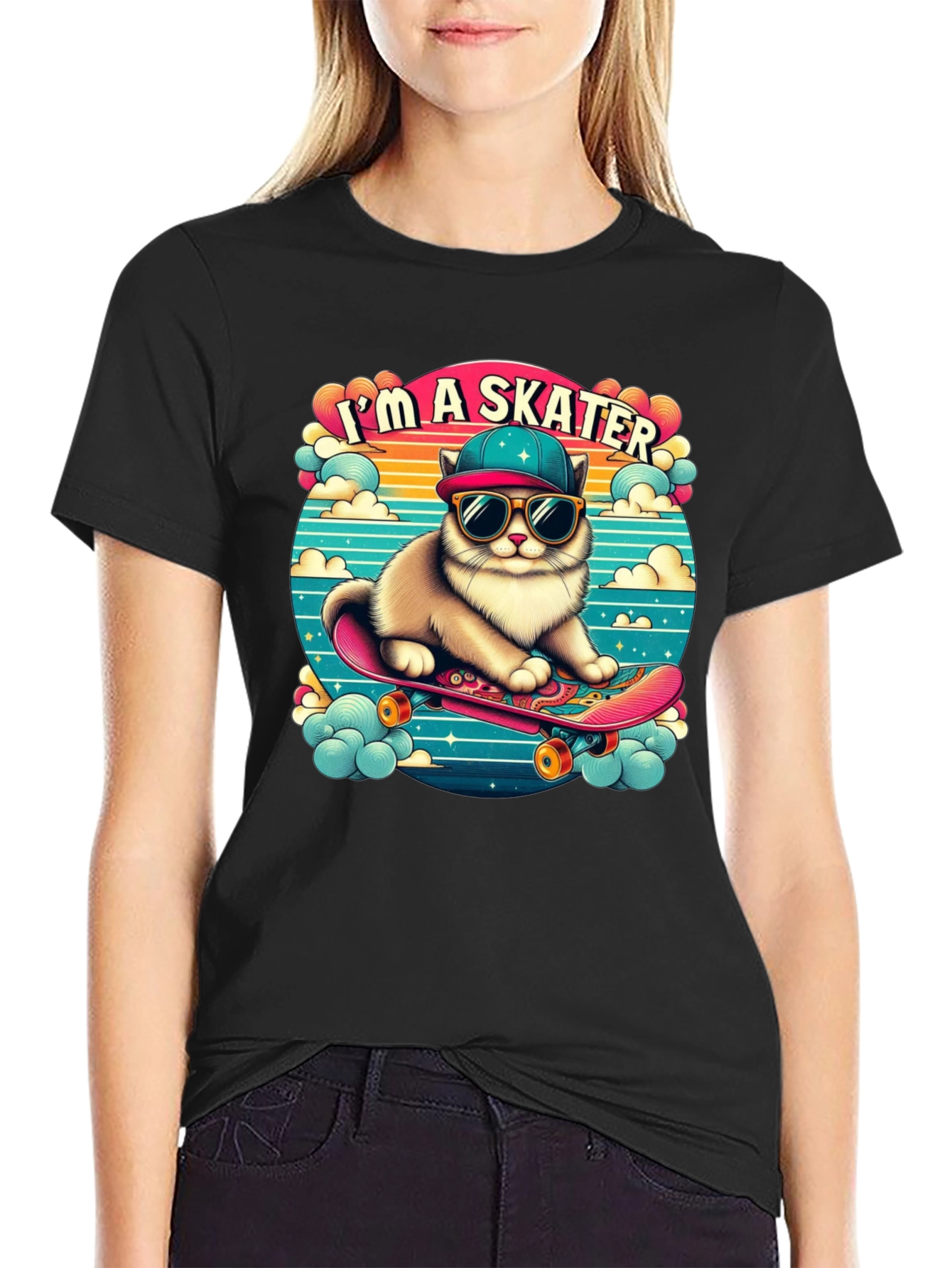 Skater Cat Graphic Tee - Cool Kitten on Skateboard!