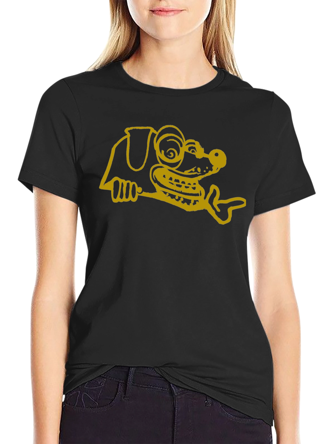 Cartoon Dog Graphic Tee - Black Cotton T-Shirt