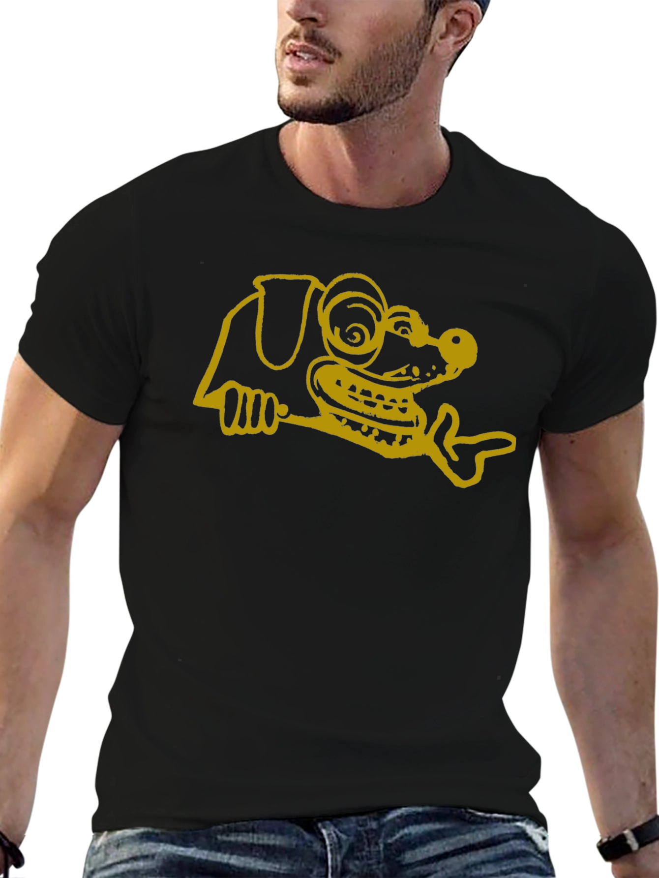 Cartoon Dog Graphic Tee - Black Cotton T-Shirt