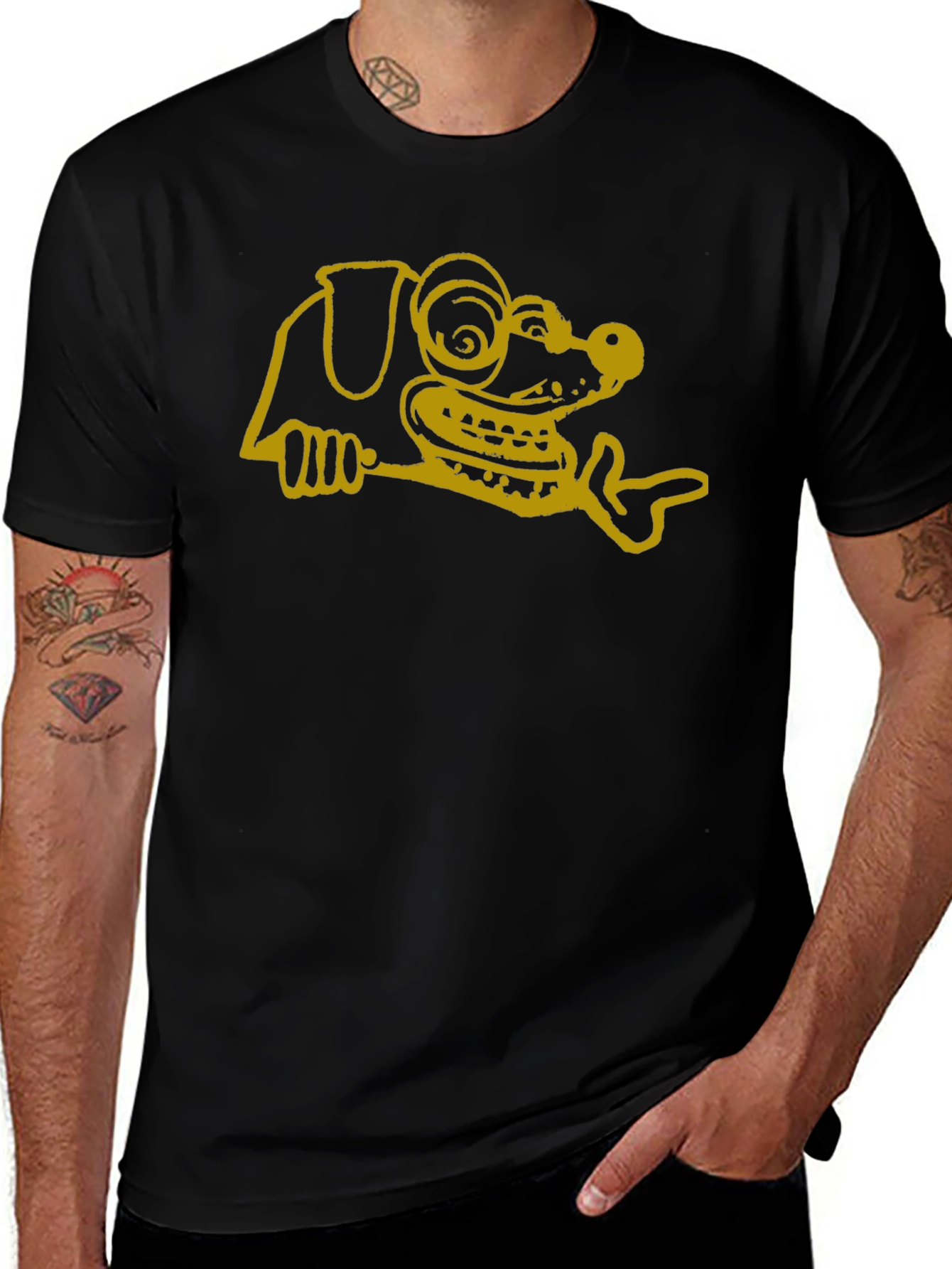 Cartoon Dog Graphic Tee - Black Cotton T-Shirt