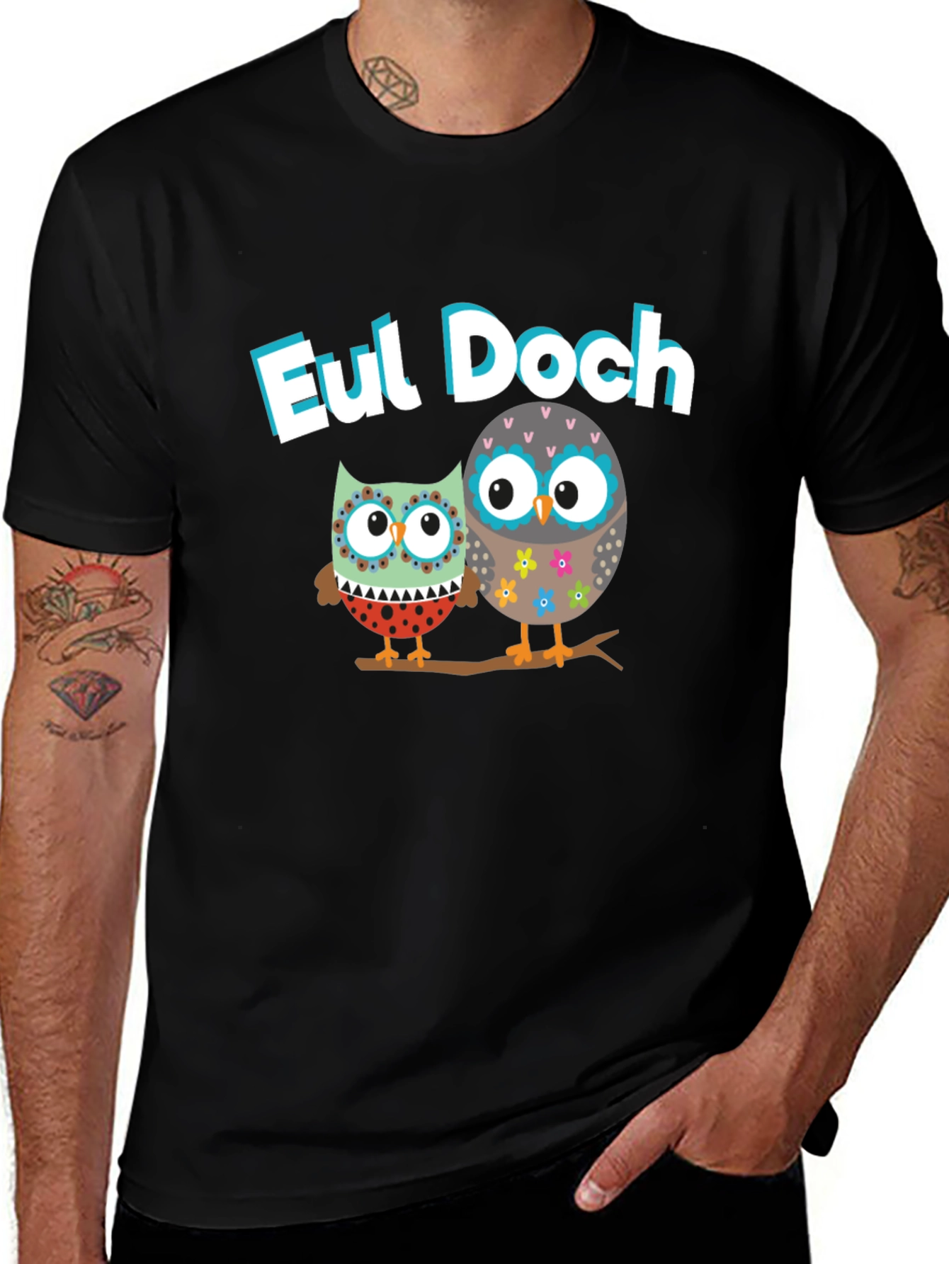Eul Doch Owl Graphic Tee Black Cotton T-Shirt