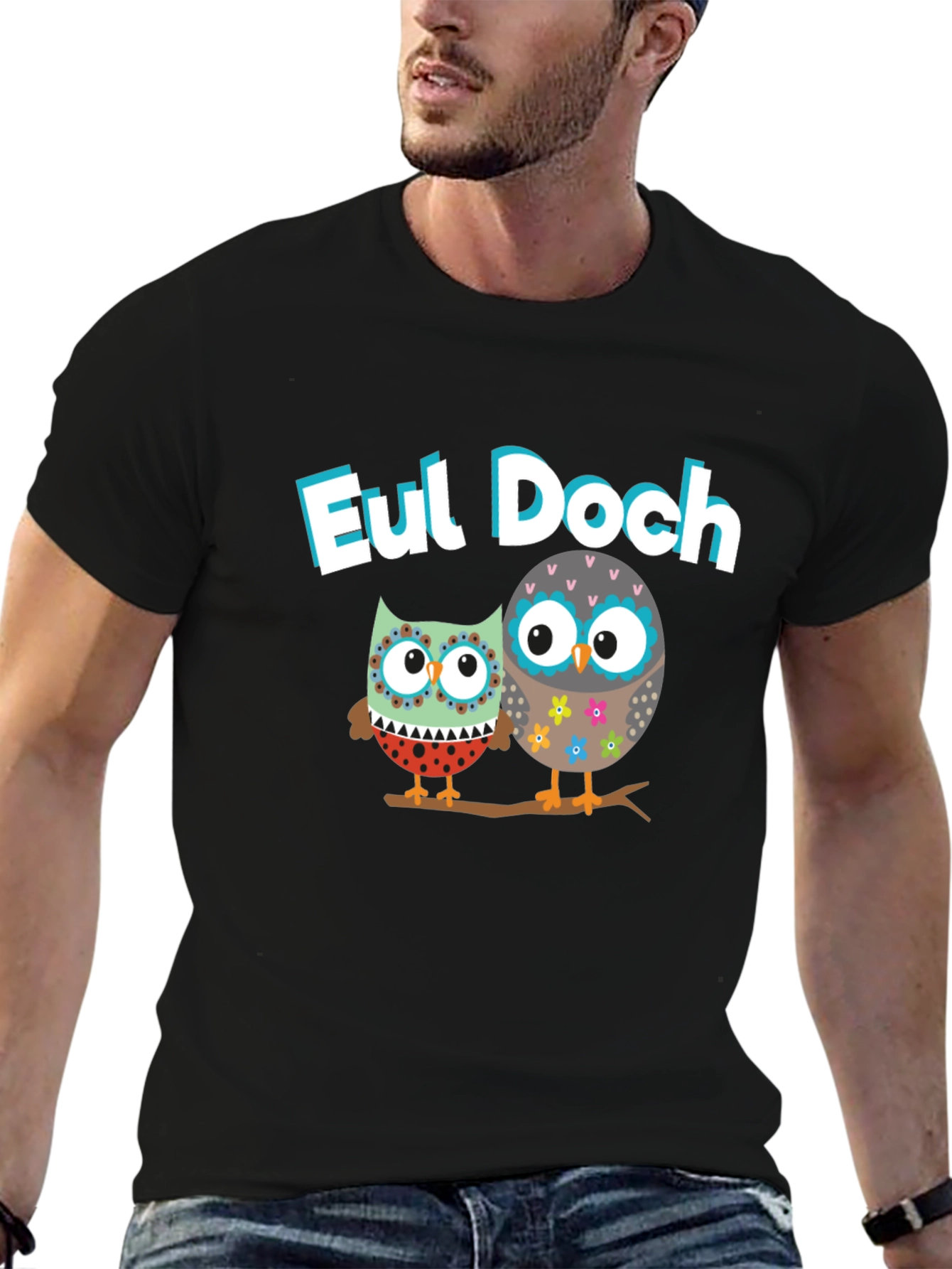 Eul Doch Owl Graphic Tee Black Cotton T-Shirt