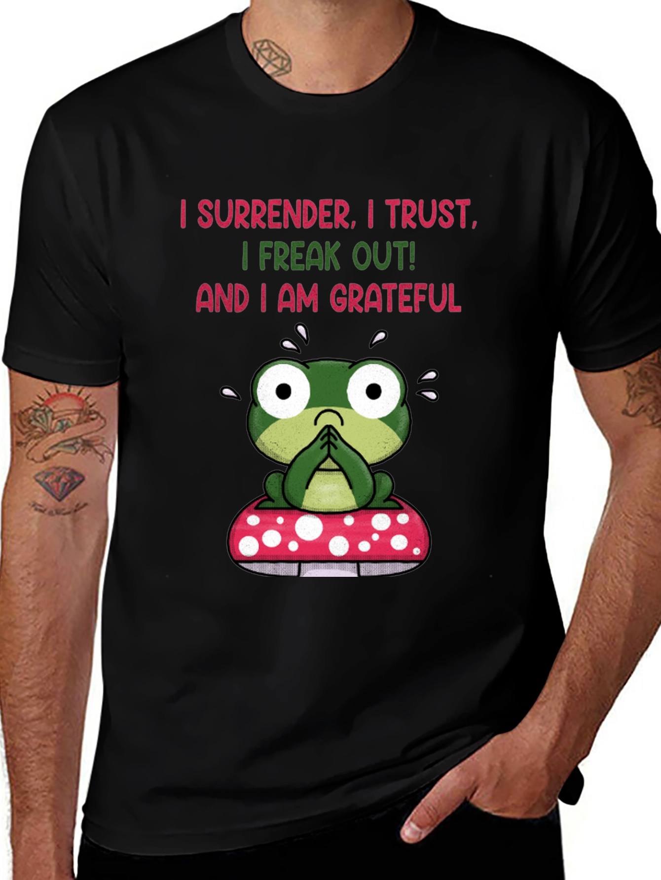 Frog on Mushroom T-Shirt - Surrender Trust Grateful Tee