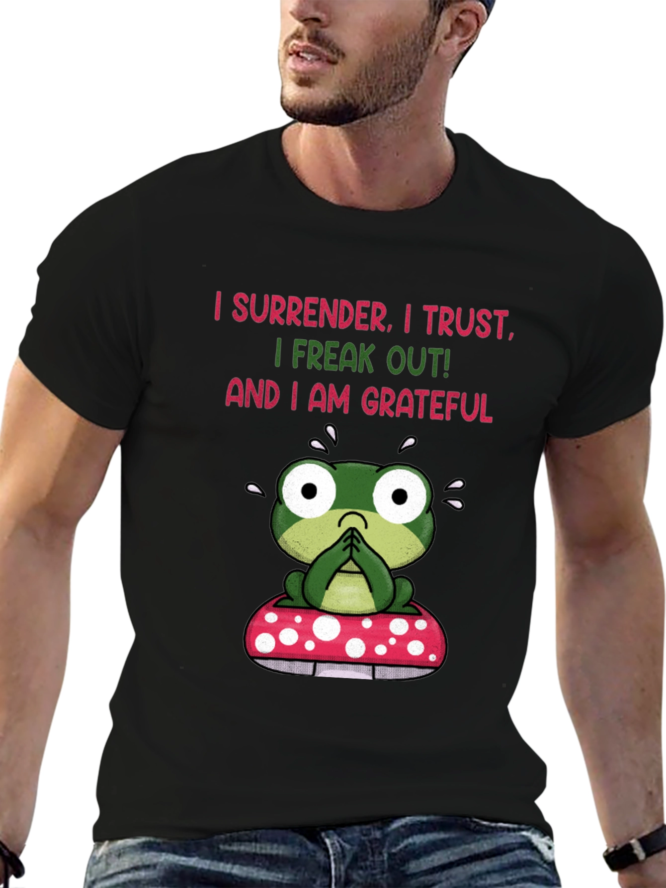 Frog on Mushroom T-Shirt - Surrender Trust Grateful Tee