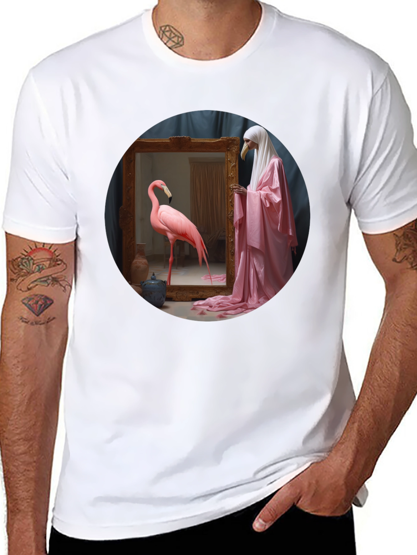 Artistic Flamingo & Figure Graphic Black Tee