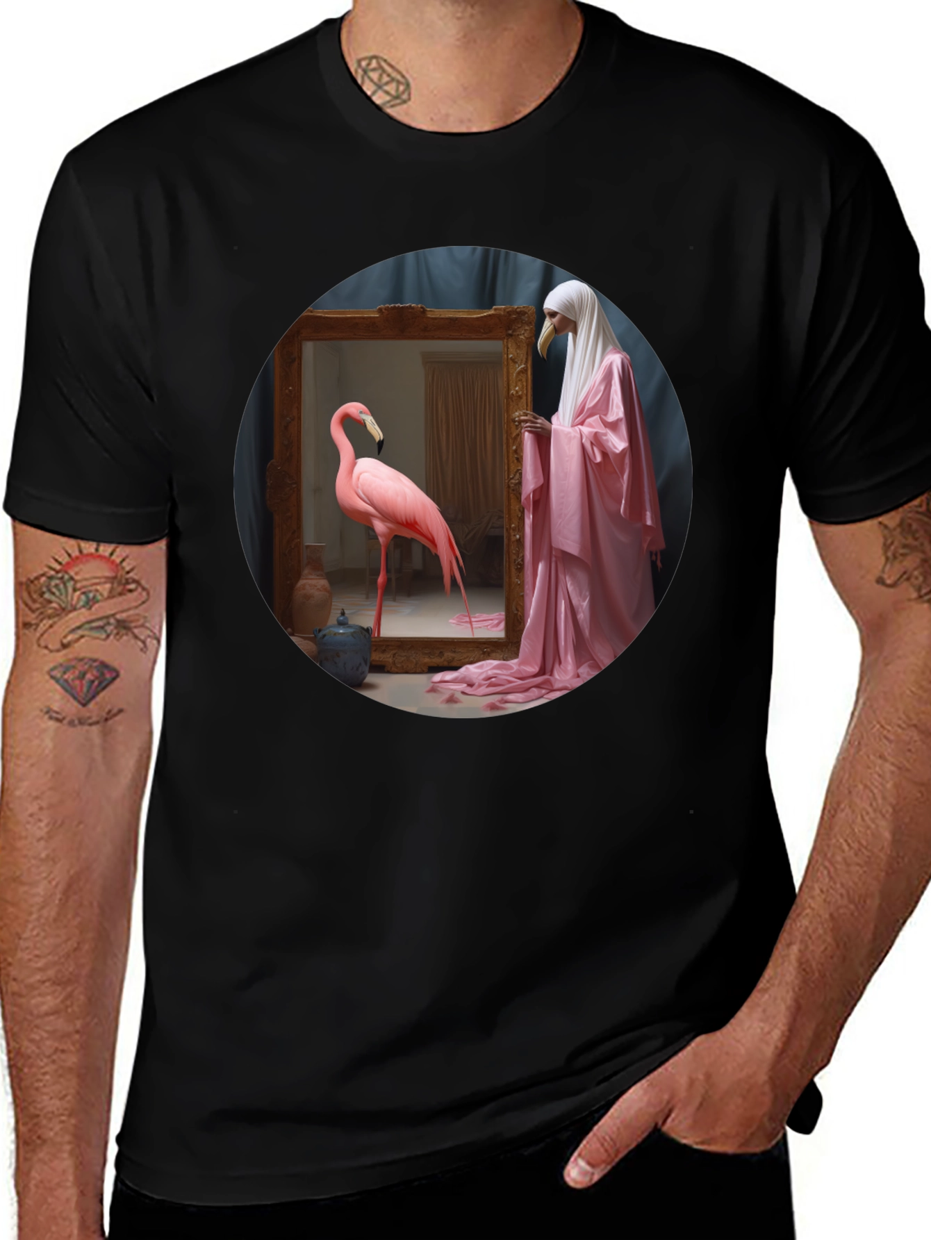 Artistic Flamingo & Figure Graphic Black Tee