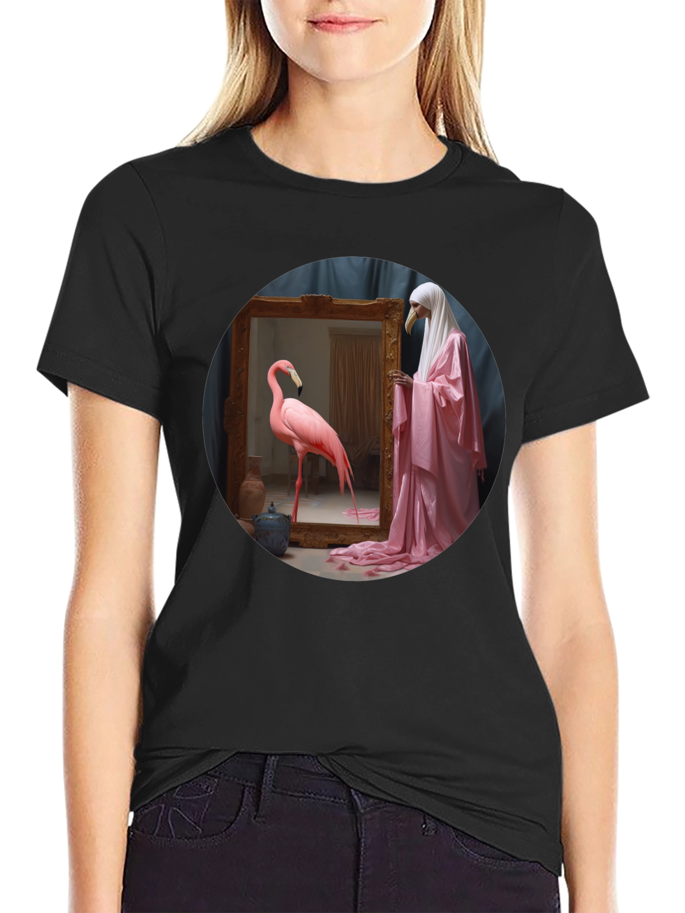 Artistic Flamingo & Figure Graphic Black Tee