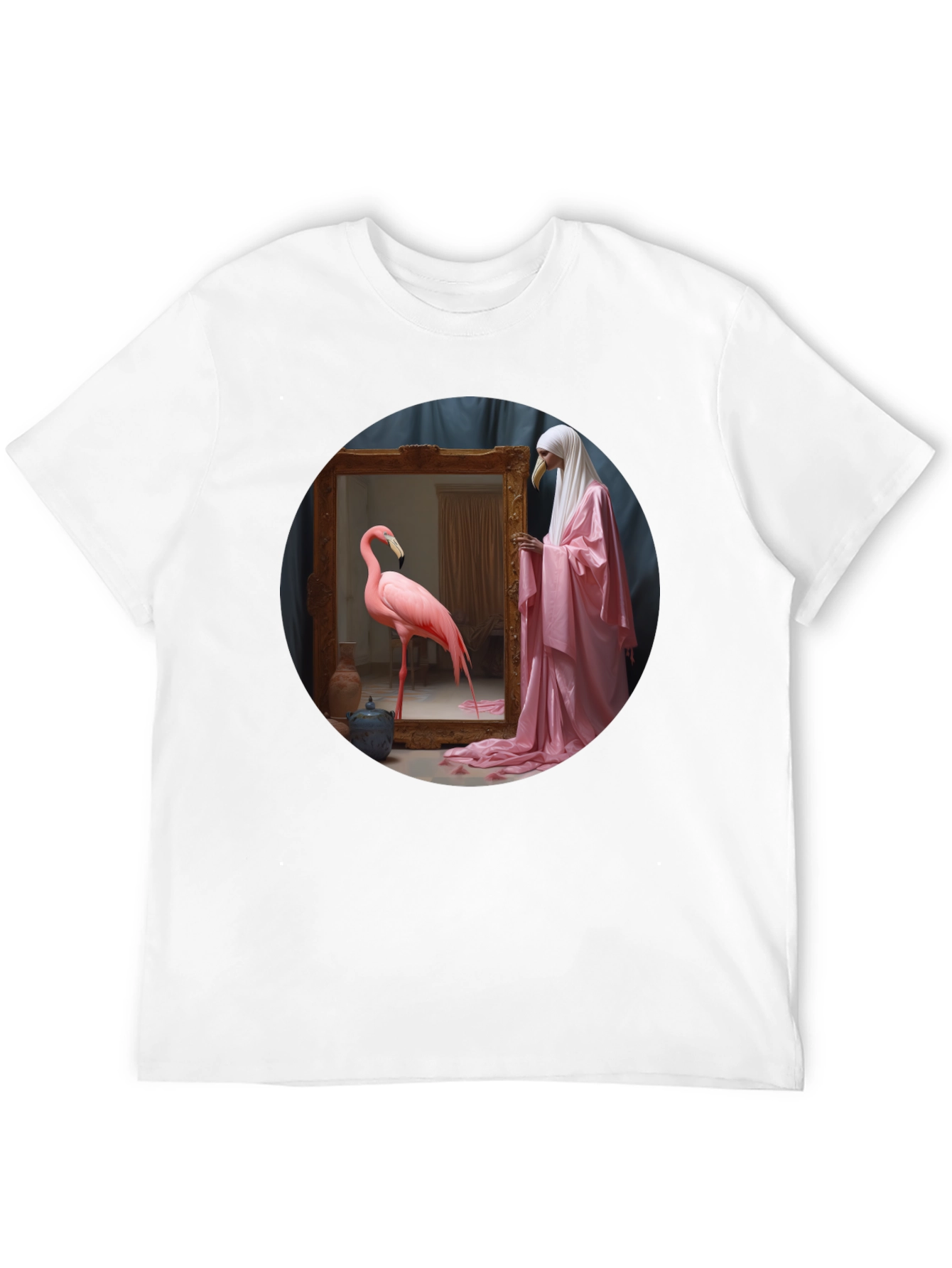 Artistic Flamingo & Figure Graphic Black Tee