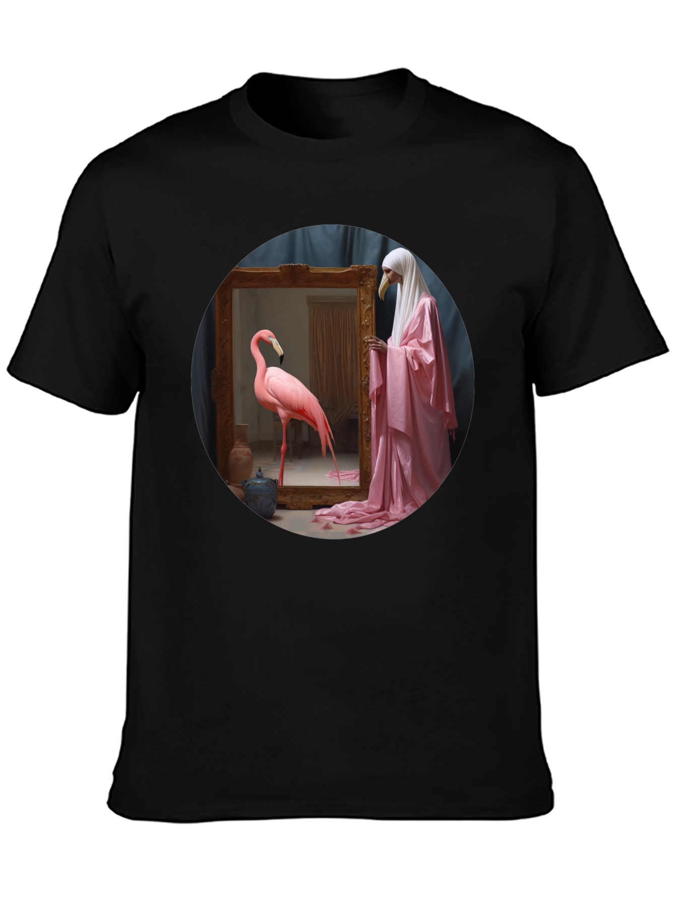 Artistic Flamingo & Figure Graphic Black Tee