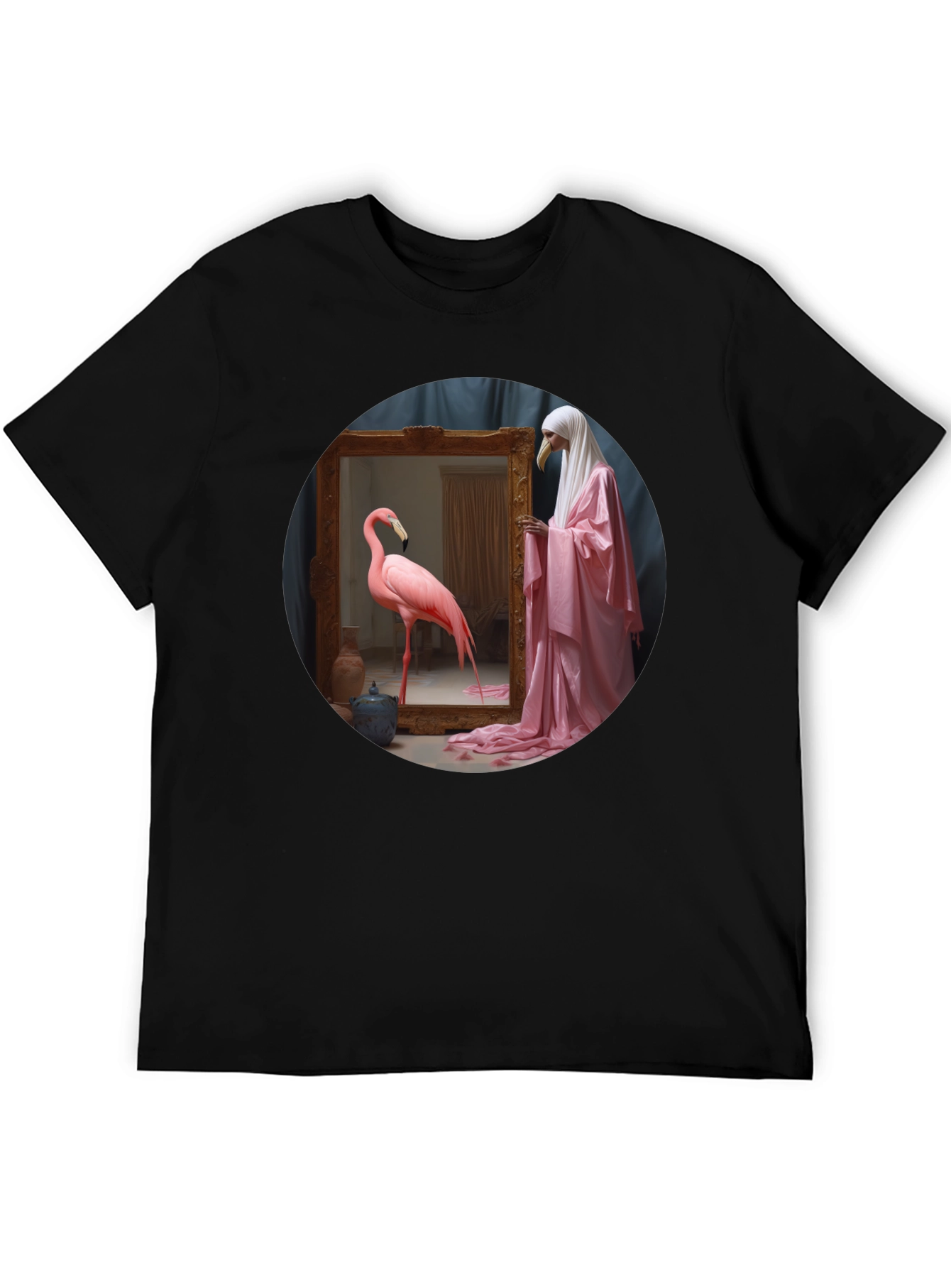 Artistic Flamingo & Figure Graphic Black Tee