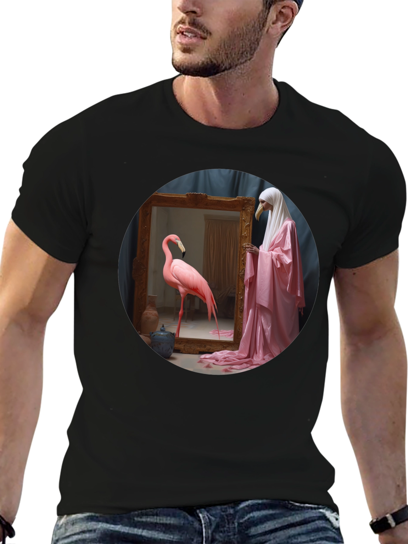 Artistic Flamingo & Figure Graphic Black Tee