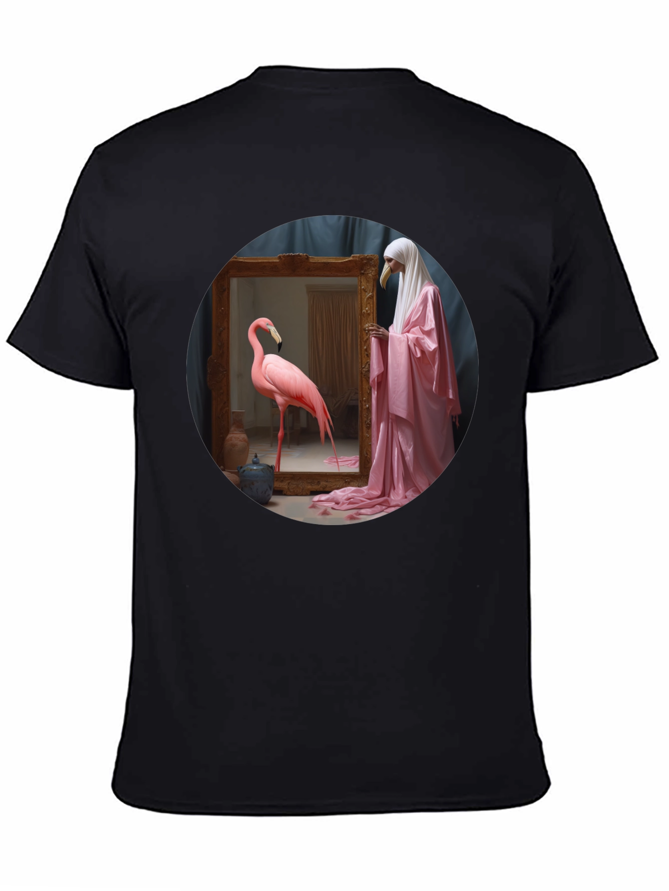 Artistic Flamingo & Figure Graphic Black Tee