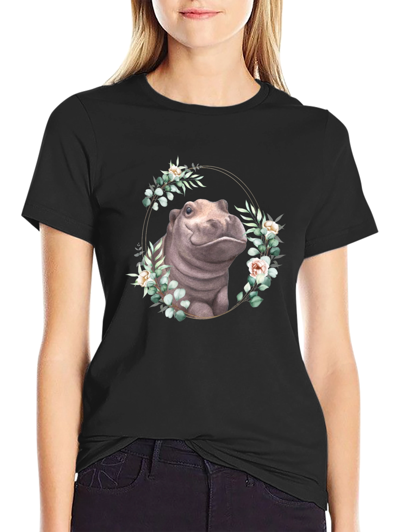 Hippo Floral Wreath T-Shirt - Unique Animal Design
