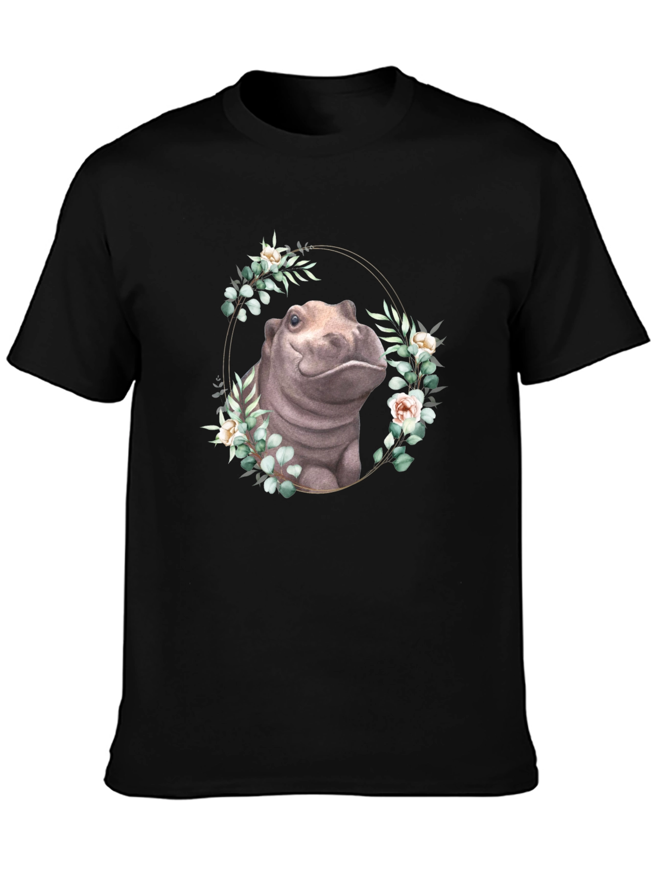 Hippo Floral Wreath T-Shirt - Unique Animal Design
