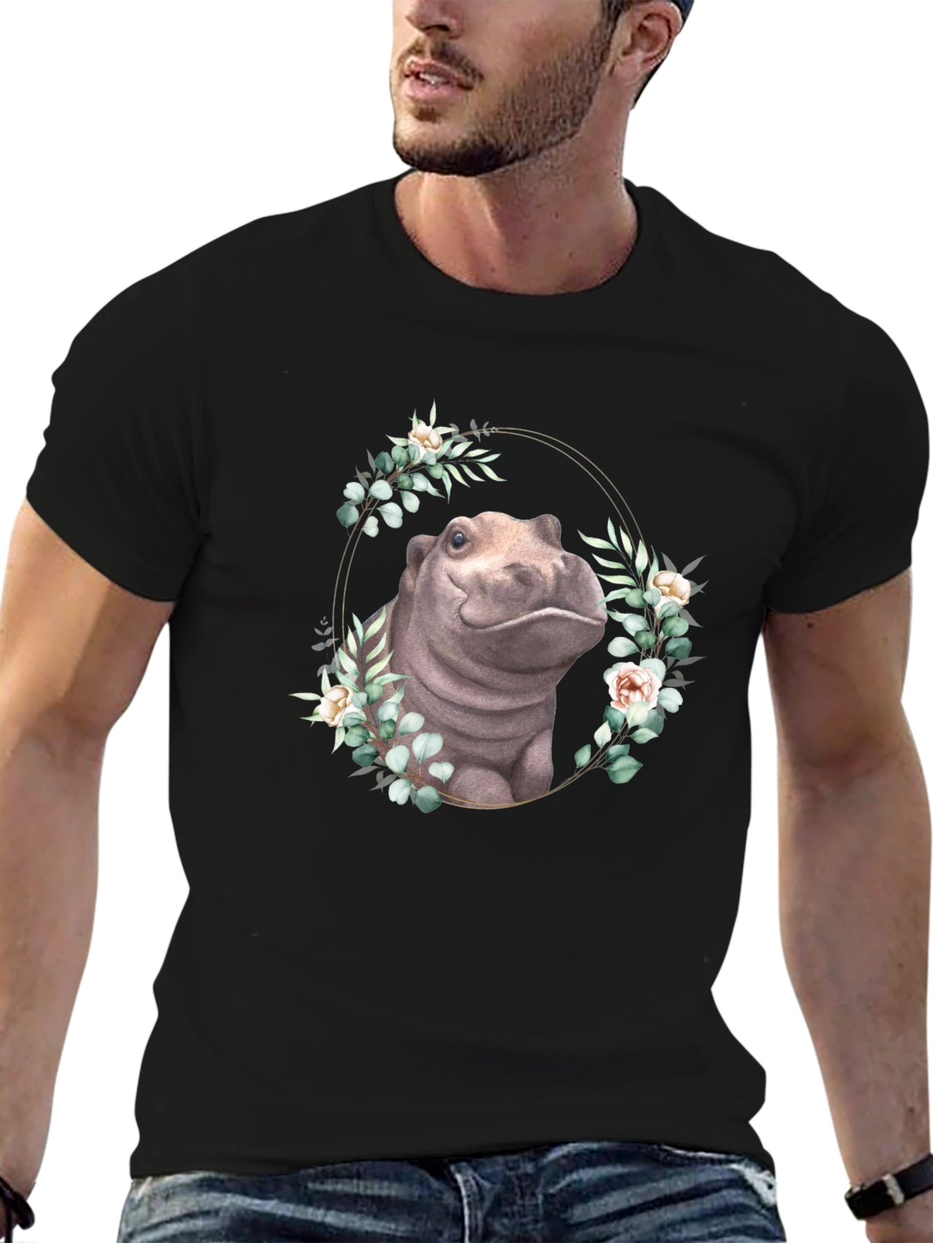 Hippo Floral Wreath T-Shirt - Unique Animal Design