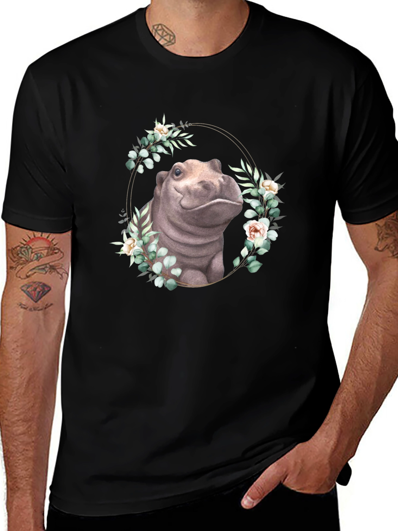 Hippo Floral Wreath T-Shirt - Unique Animal Design