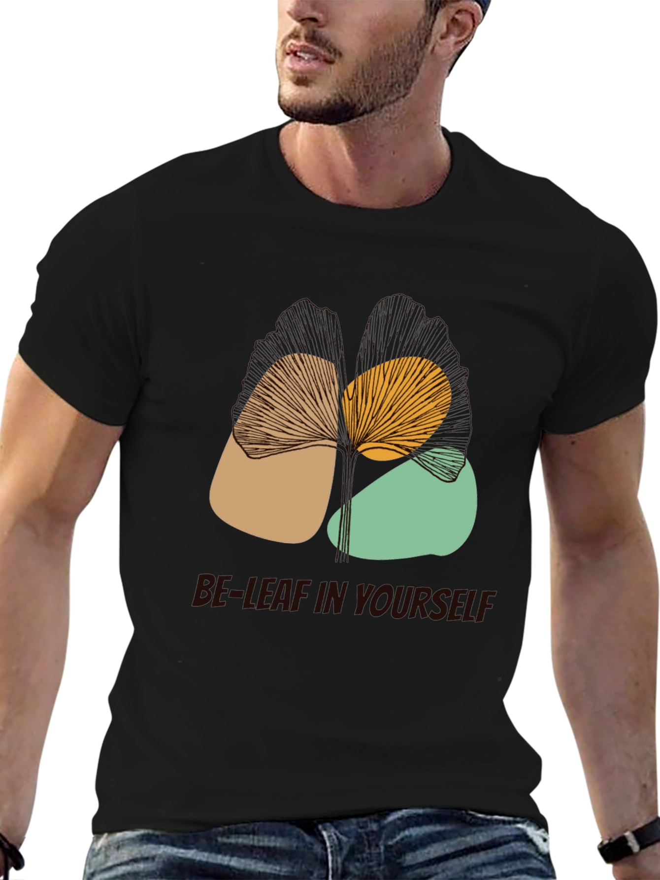 Abstract Leaf Design Black Graphic T-Shirt