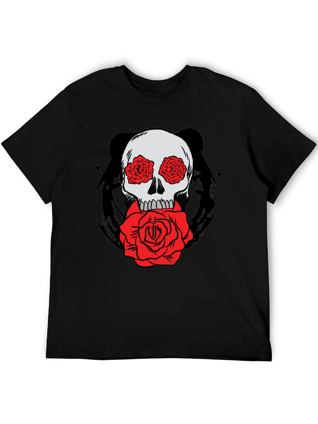 Skull with Roses Graphic Tee - Black Cotton T-Shirt