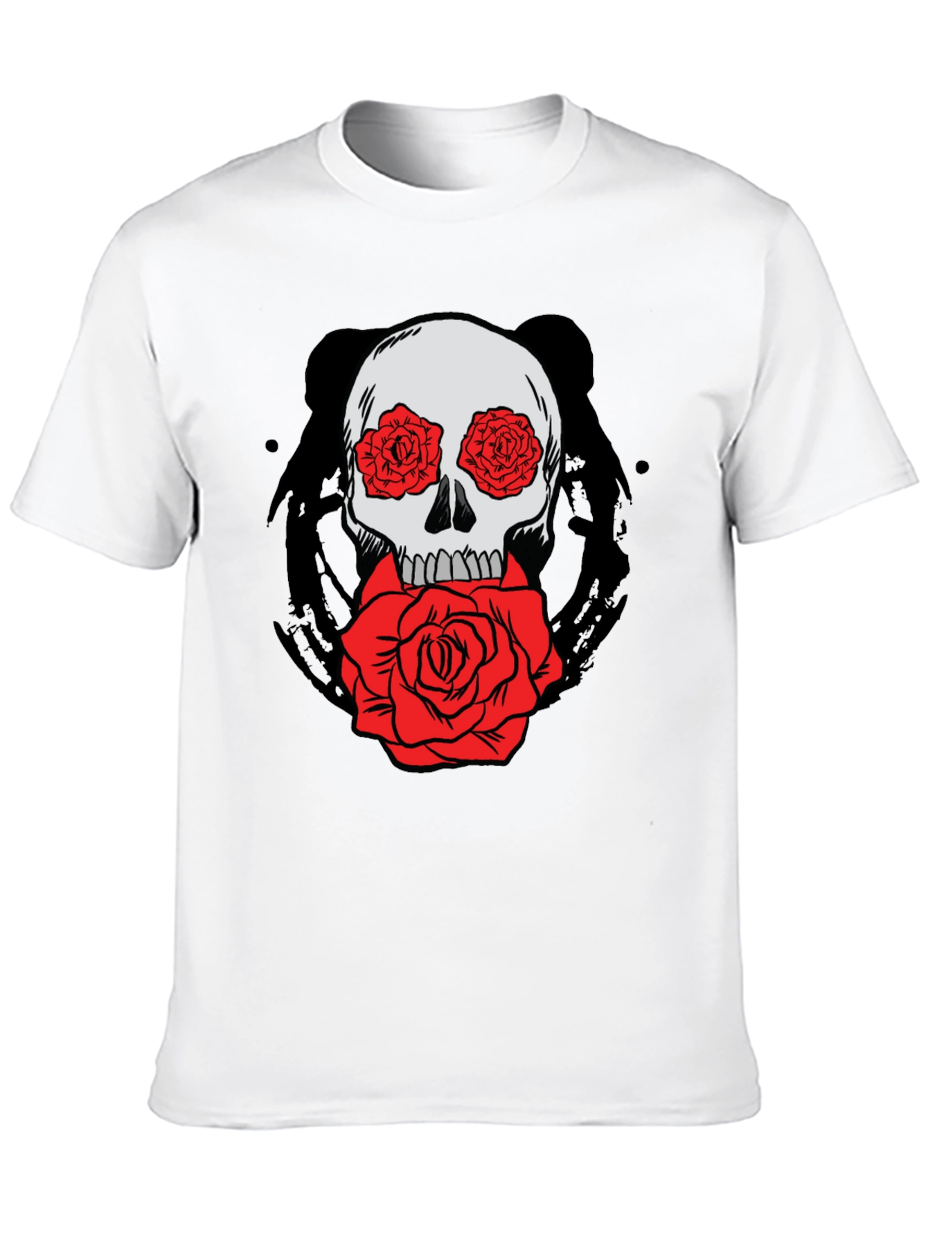 Skull with Roses Graphic Tee - Black Cotton T-Shirt