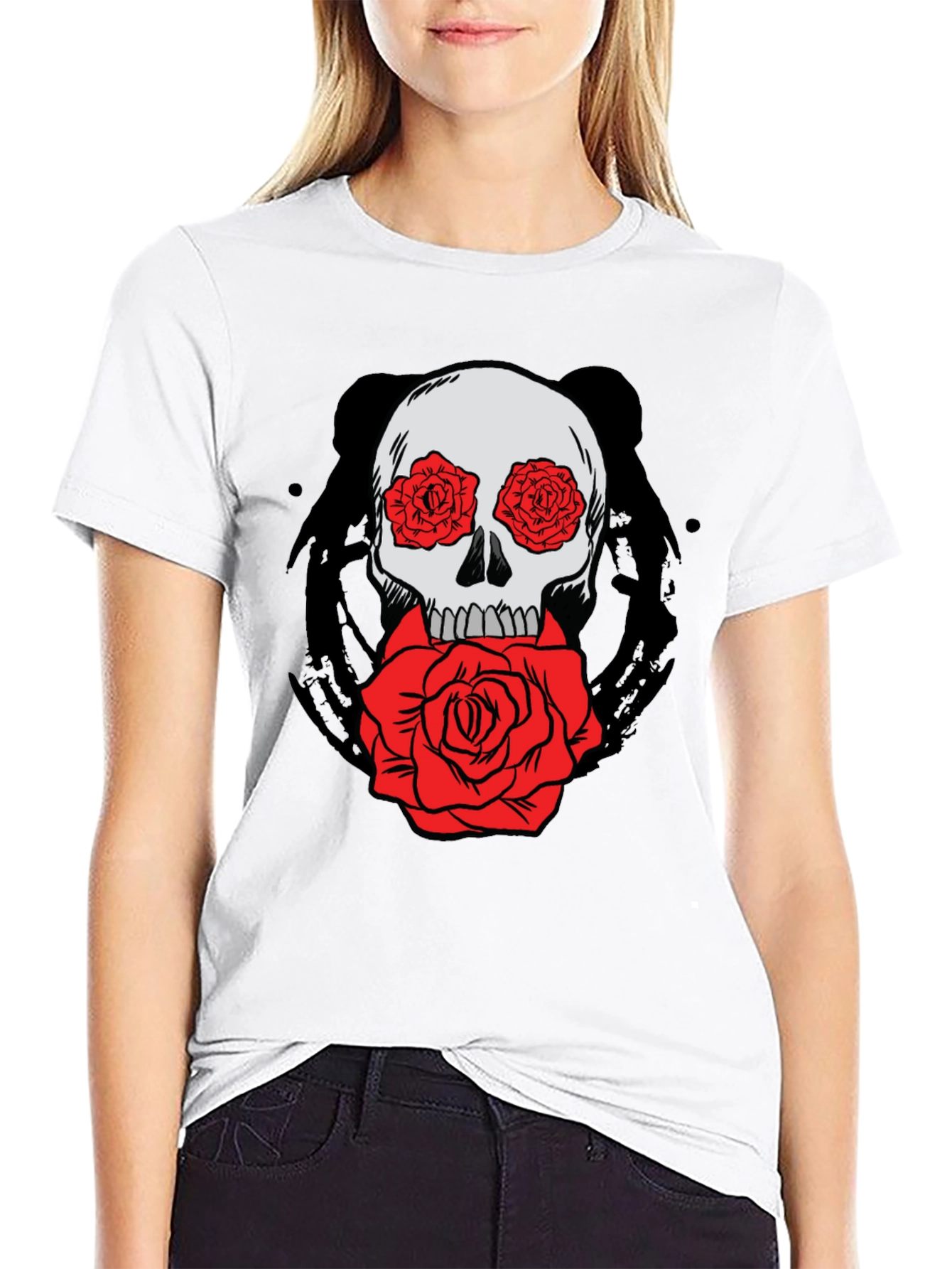 Skull with Roses Graphic Tee - Black Cotton T-Shirt