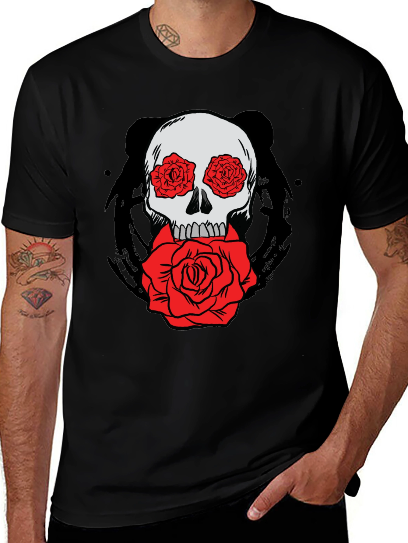 Skull with Roses Graphic Tee - Black Cotton T-Shirt