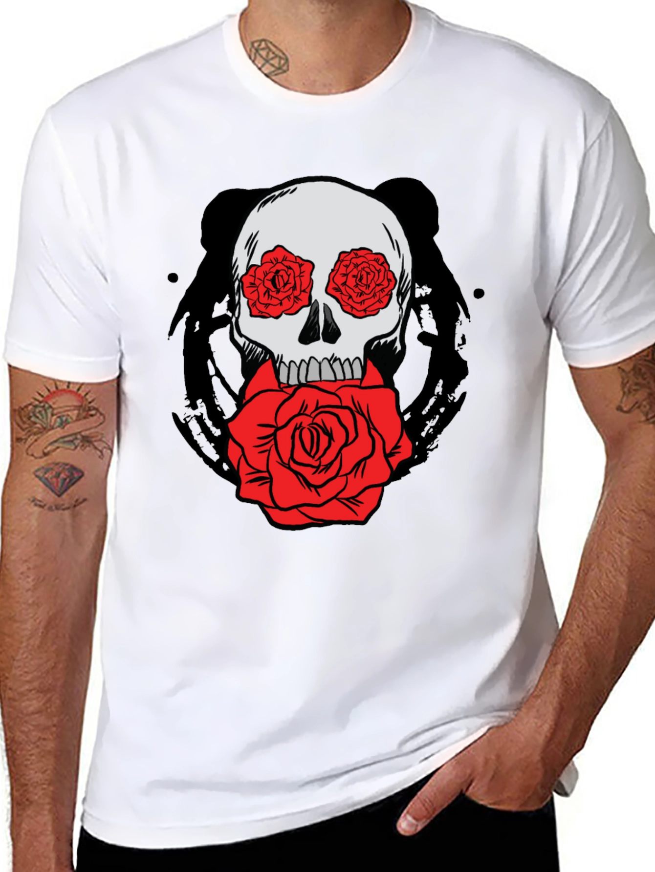 Skull with Roses Graphic Tee - Black Cotton T-Shirt
