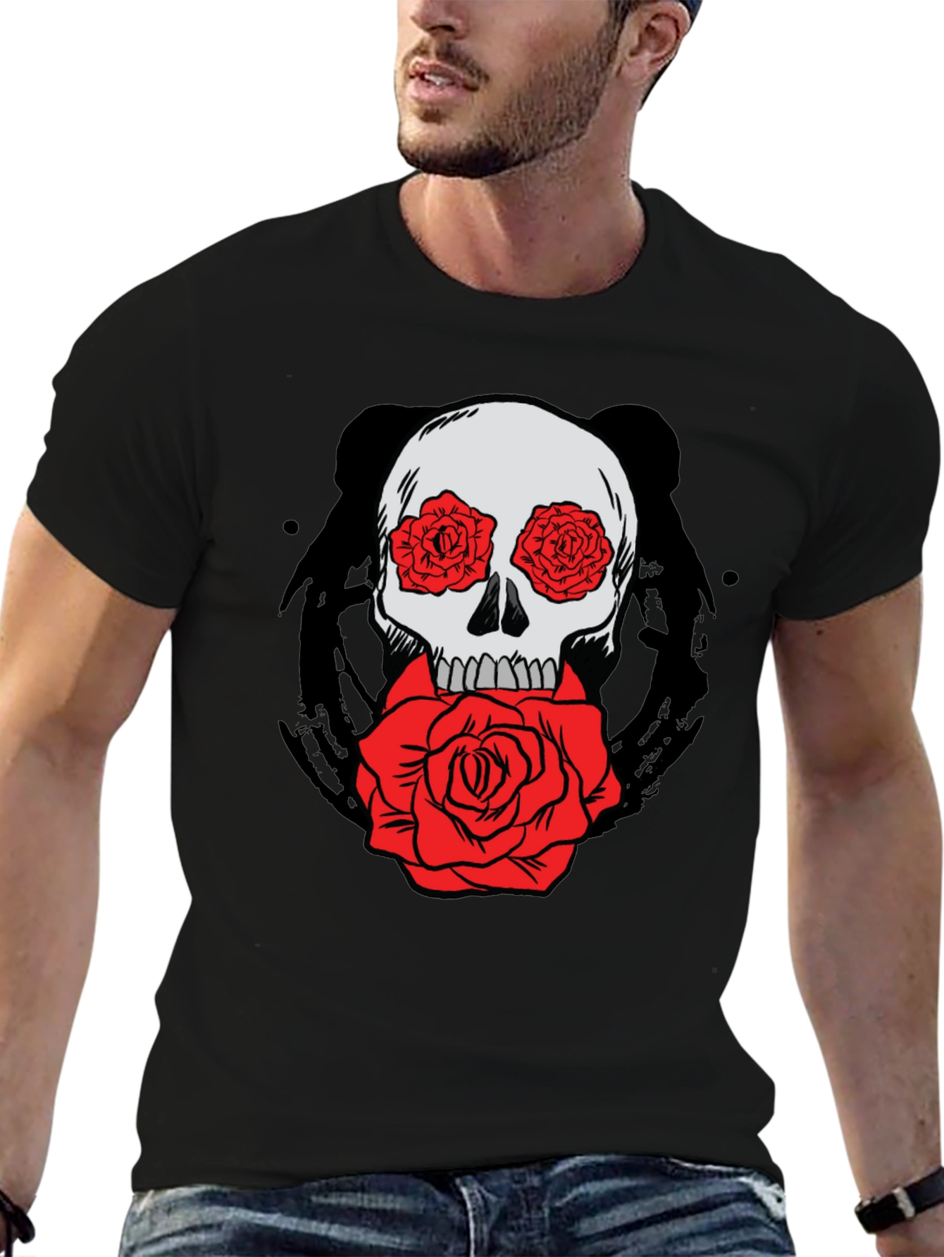 Skull with Roses Graphic Tee - Black Cotton T-Shirt